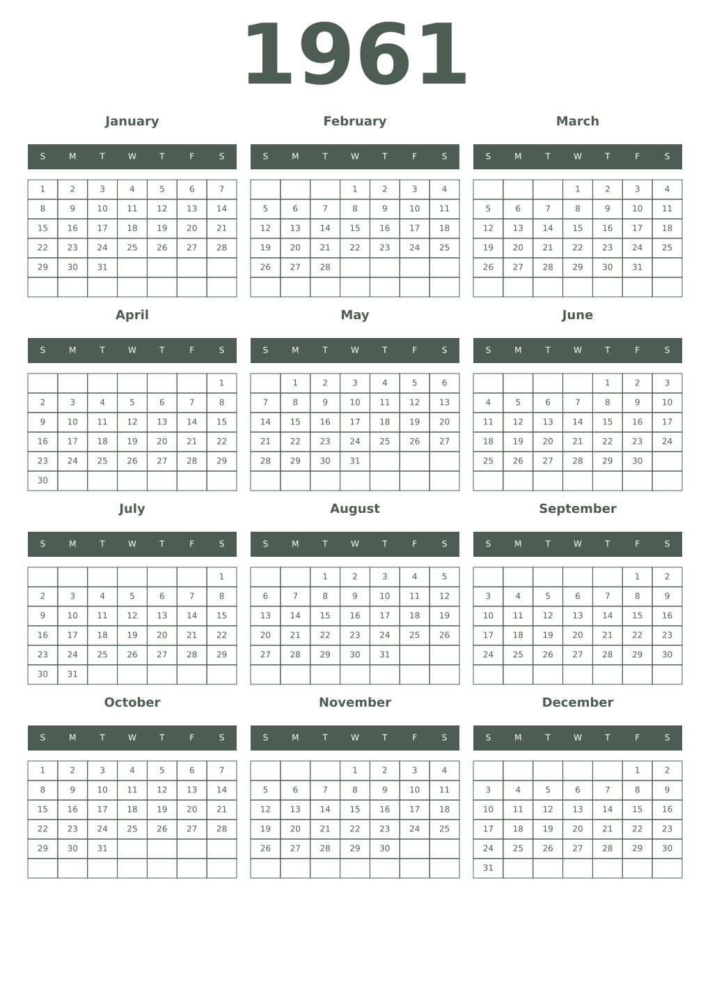 Printable 1961 Year Calendars feldgrau