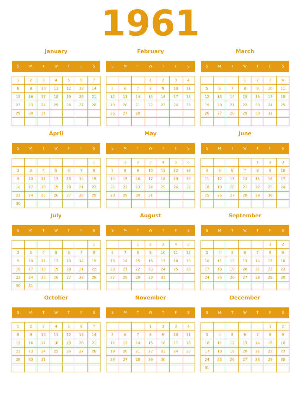 Printable 1961 Year Calendars gamboge