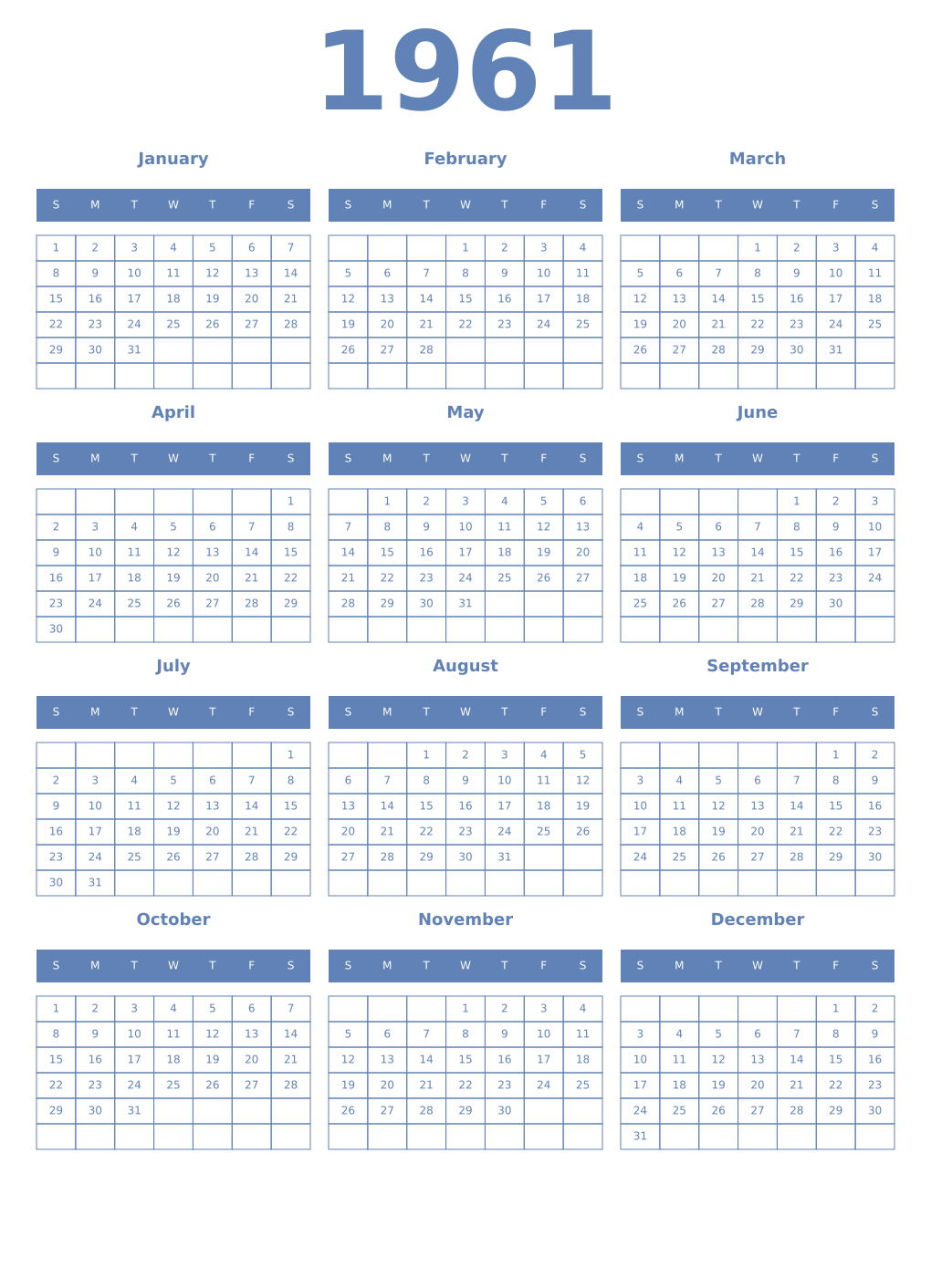 Printable 1961 Year Calendars glaucous