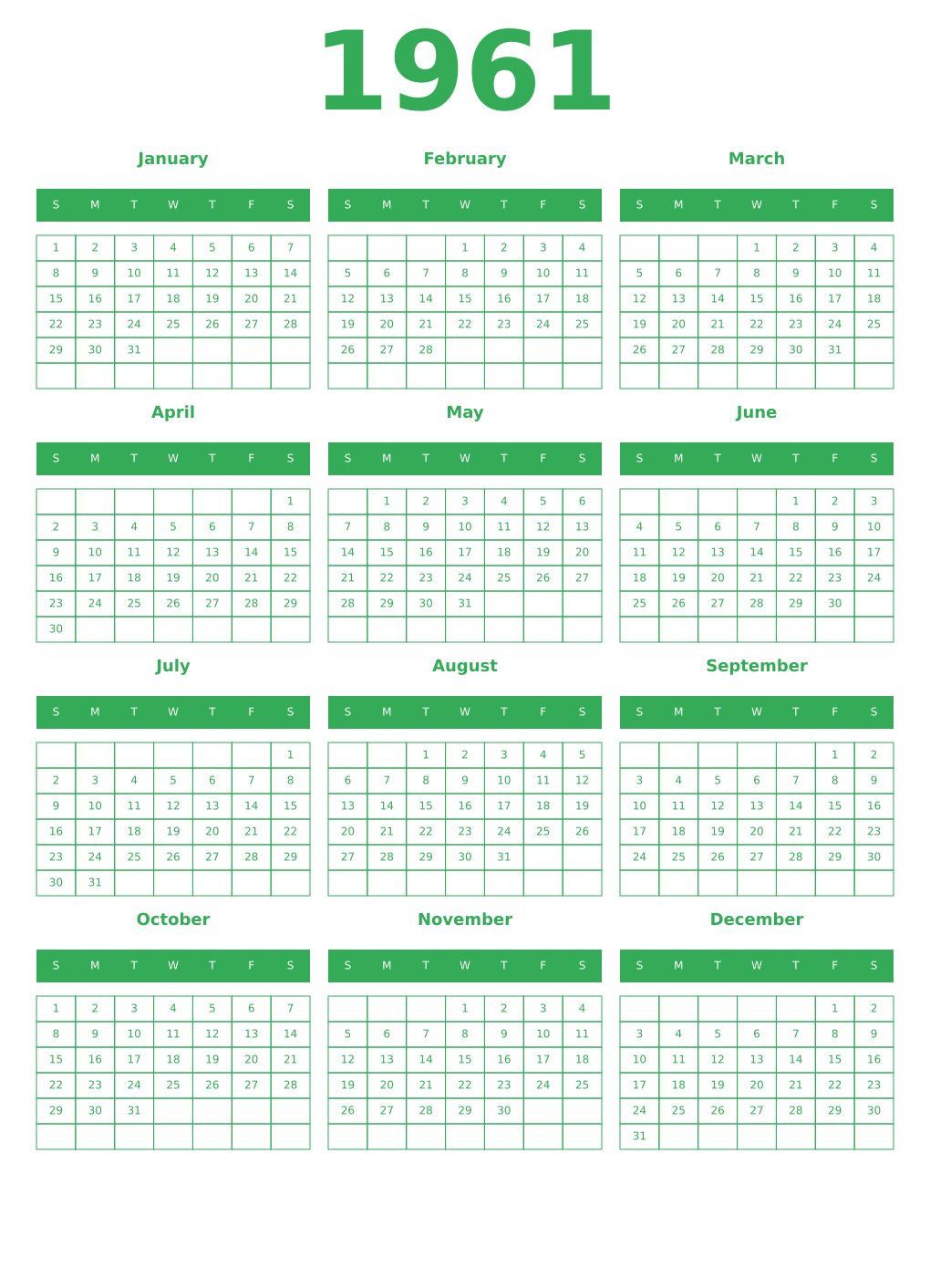 Printable 1961 Year Calendars green