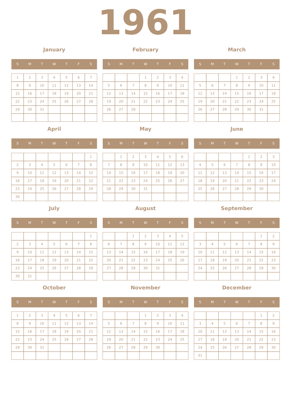 Printable 1961 Year Calendars isabelline