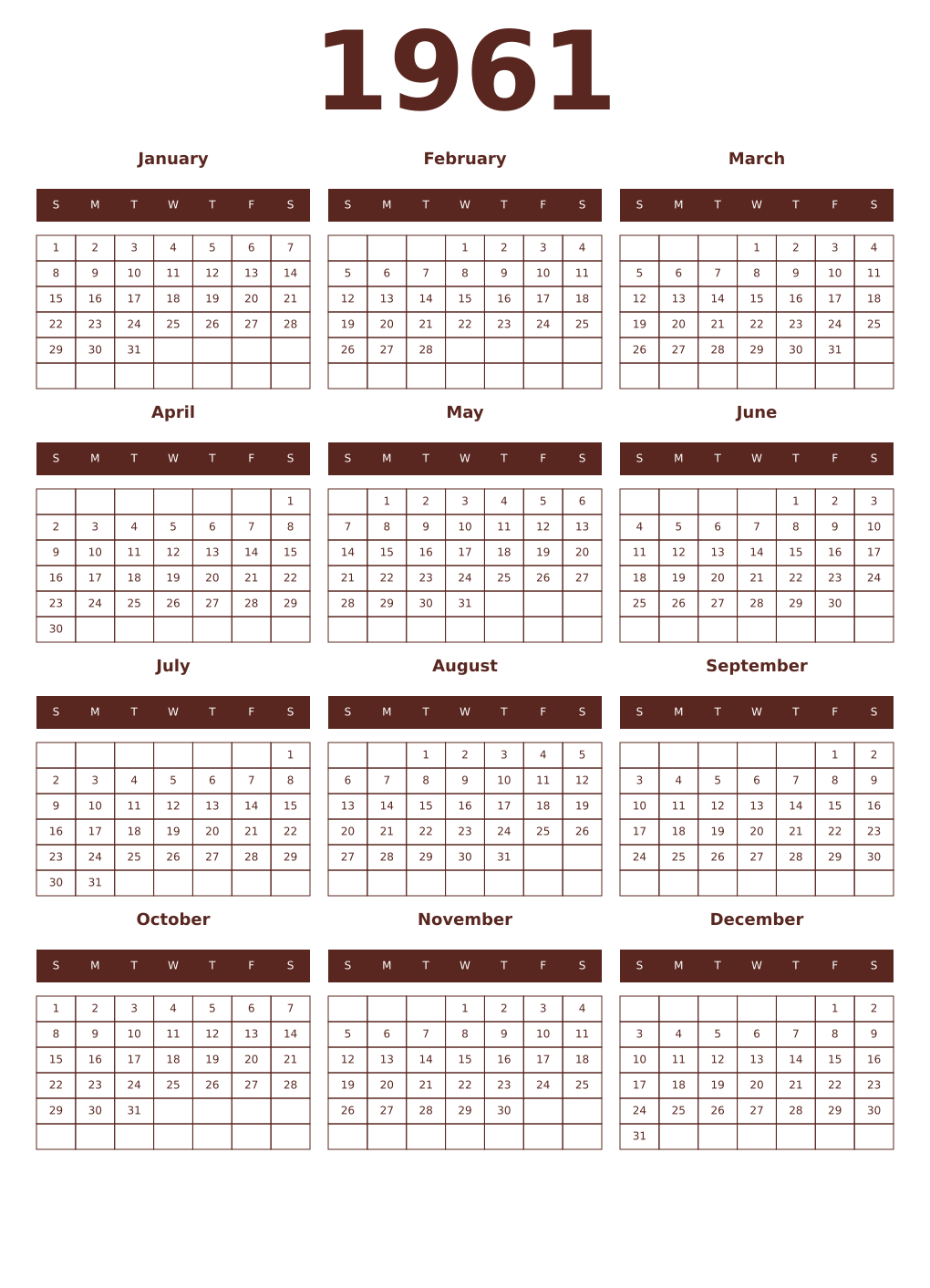 Printable 1961 Year Calendars mortuum