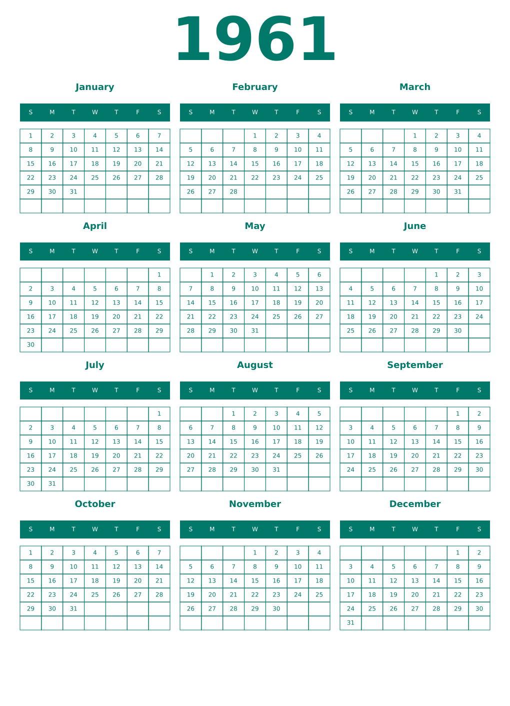 Printable 1961 Year Calendars pastel