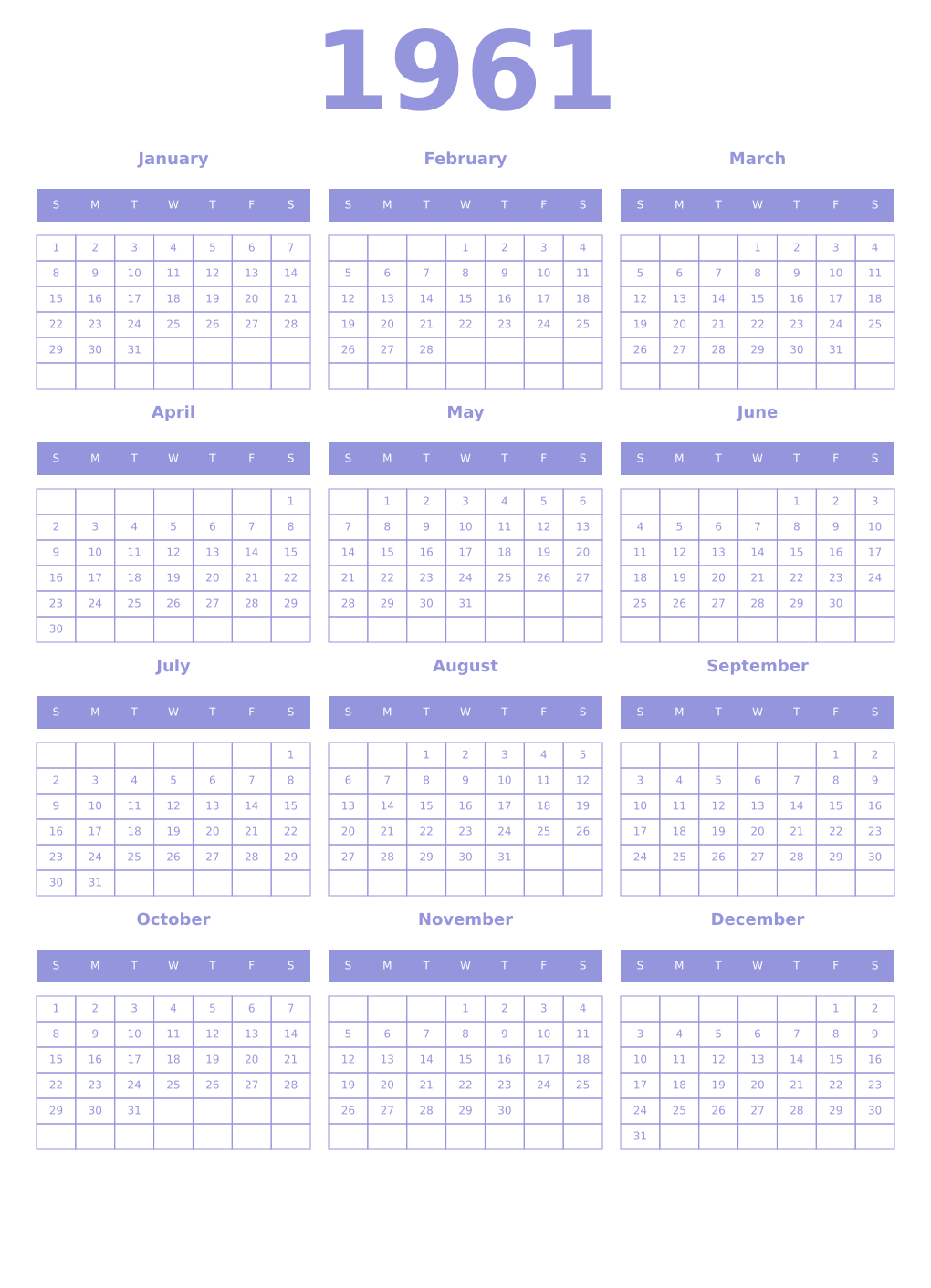 Printable 1961 Year Calendars periwinkle