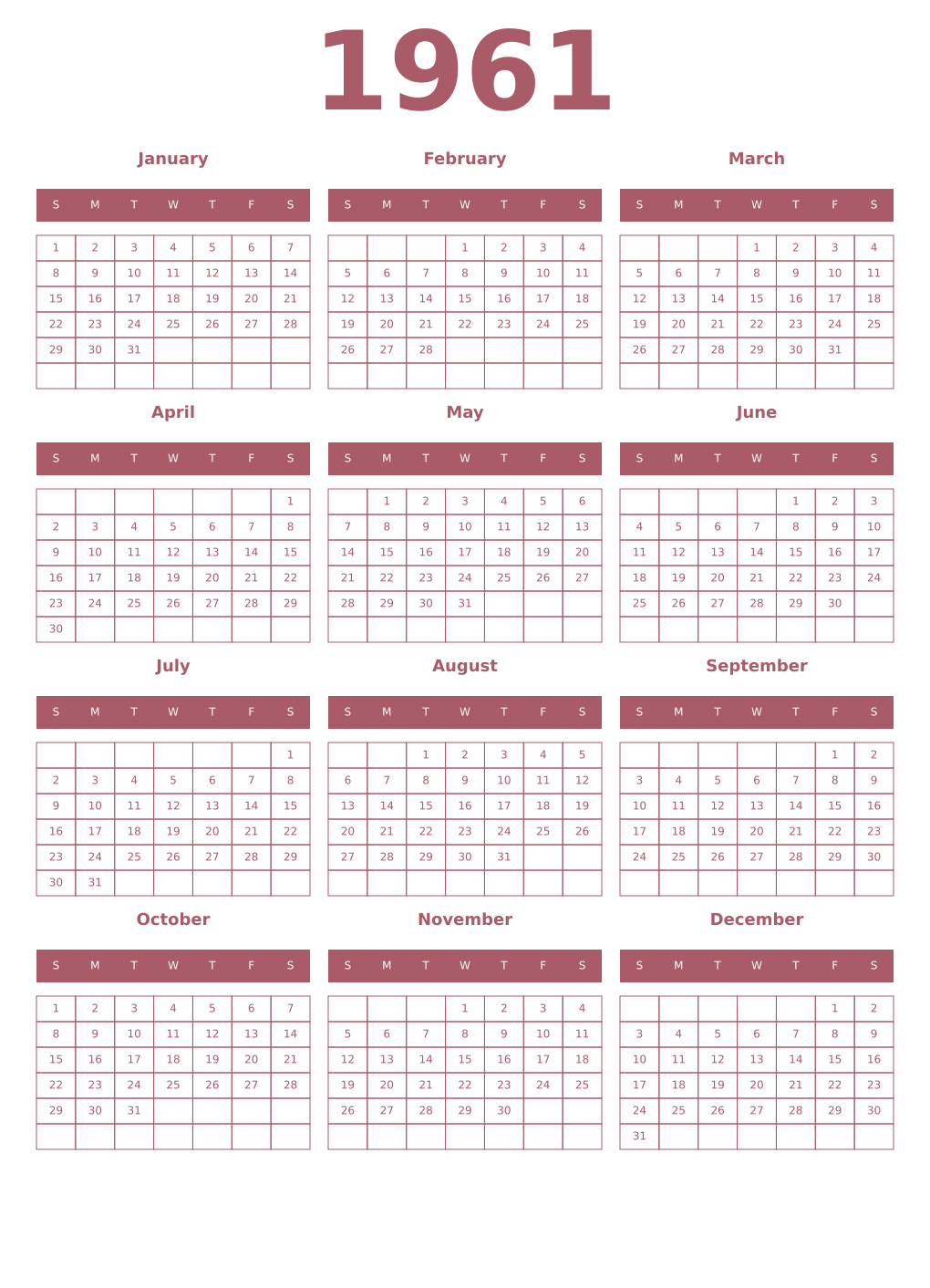 Printable 1961 Year Calendars puce