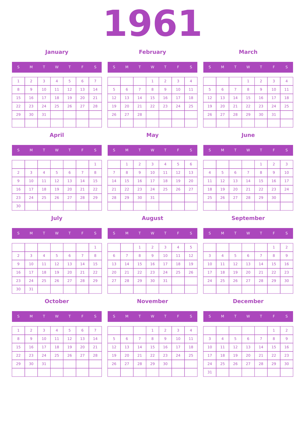 Printable 1961 Year Calendars purple