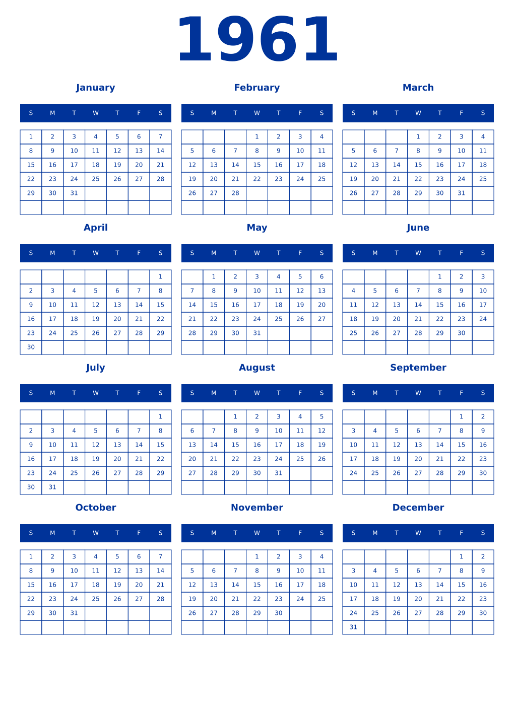 Printable 1961 Year Calendars smalt