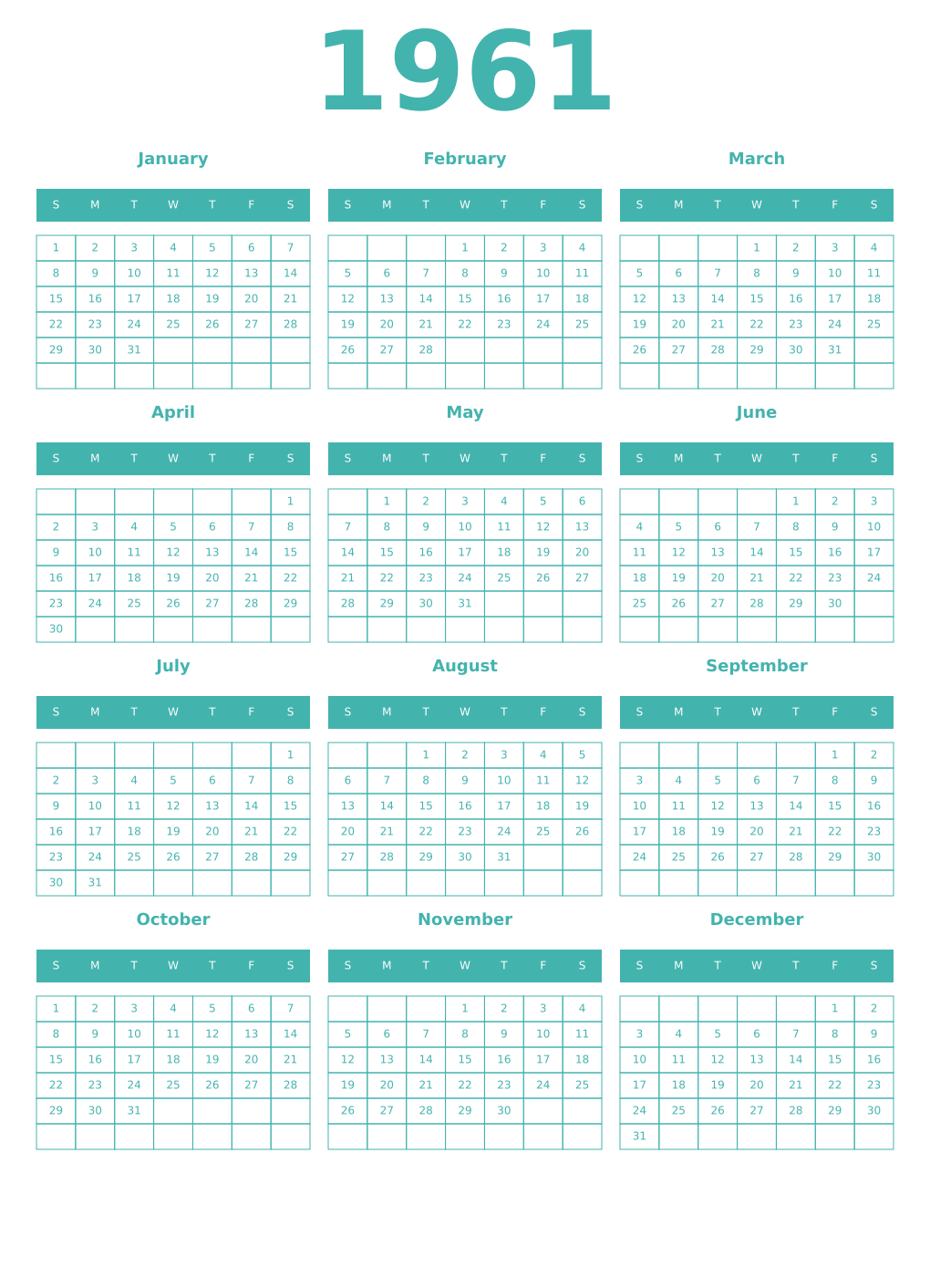 Printable 1961 Year Calendars verdigris