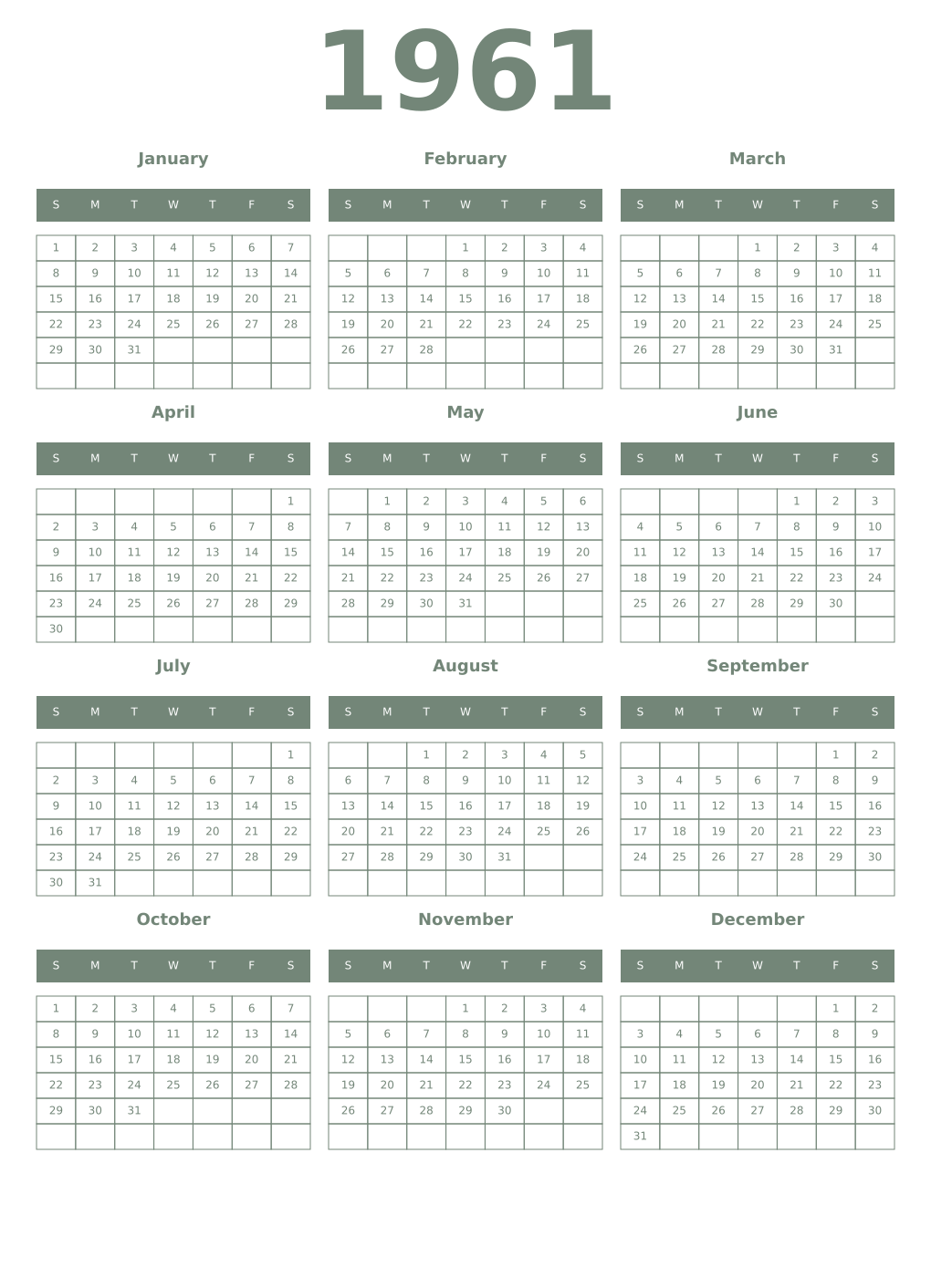 Printable 1961 Year Calendars xanadu