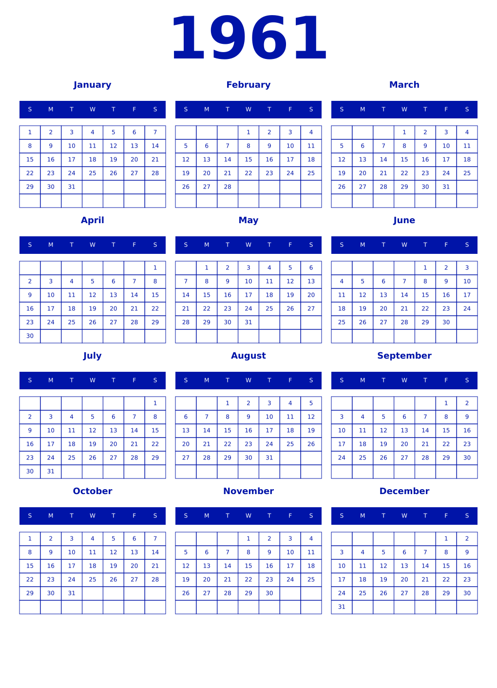 Printable 1961 Year Calendars zaffre