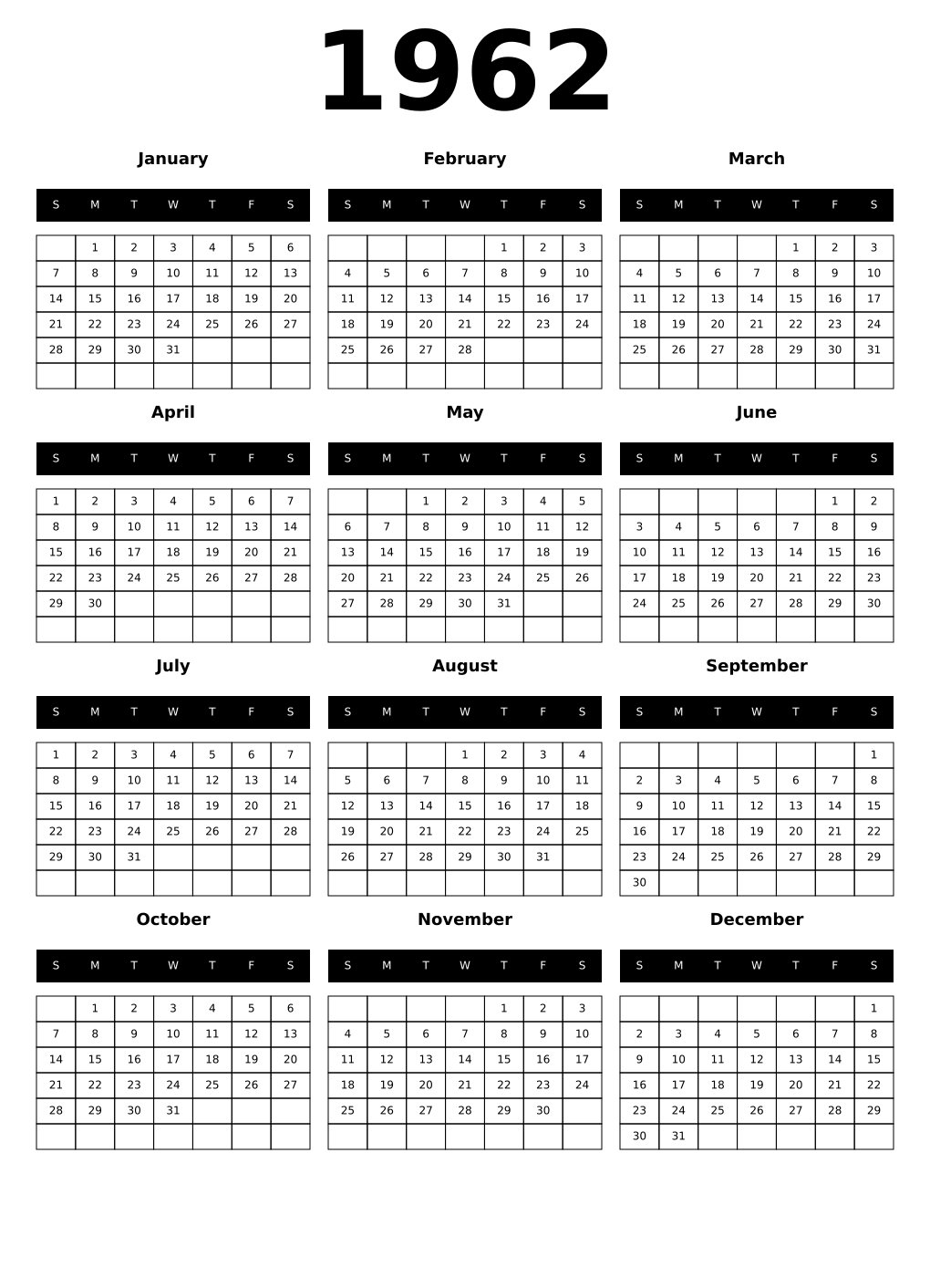 Printable 1962 Year Calendars black