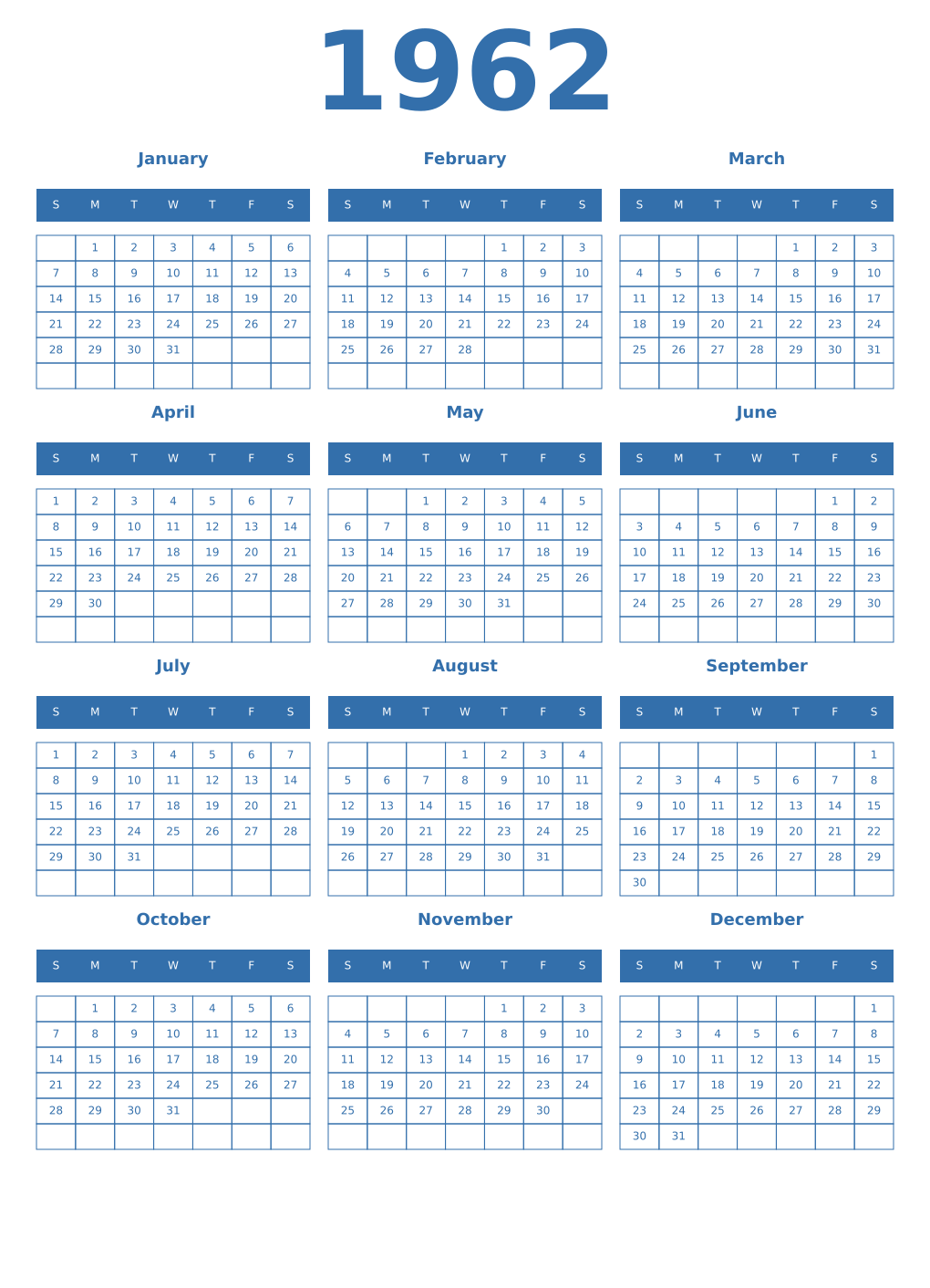 Printable 1962 Year Calendars blue