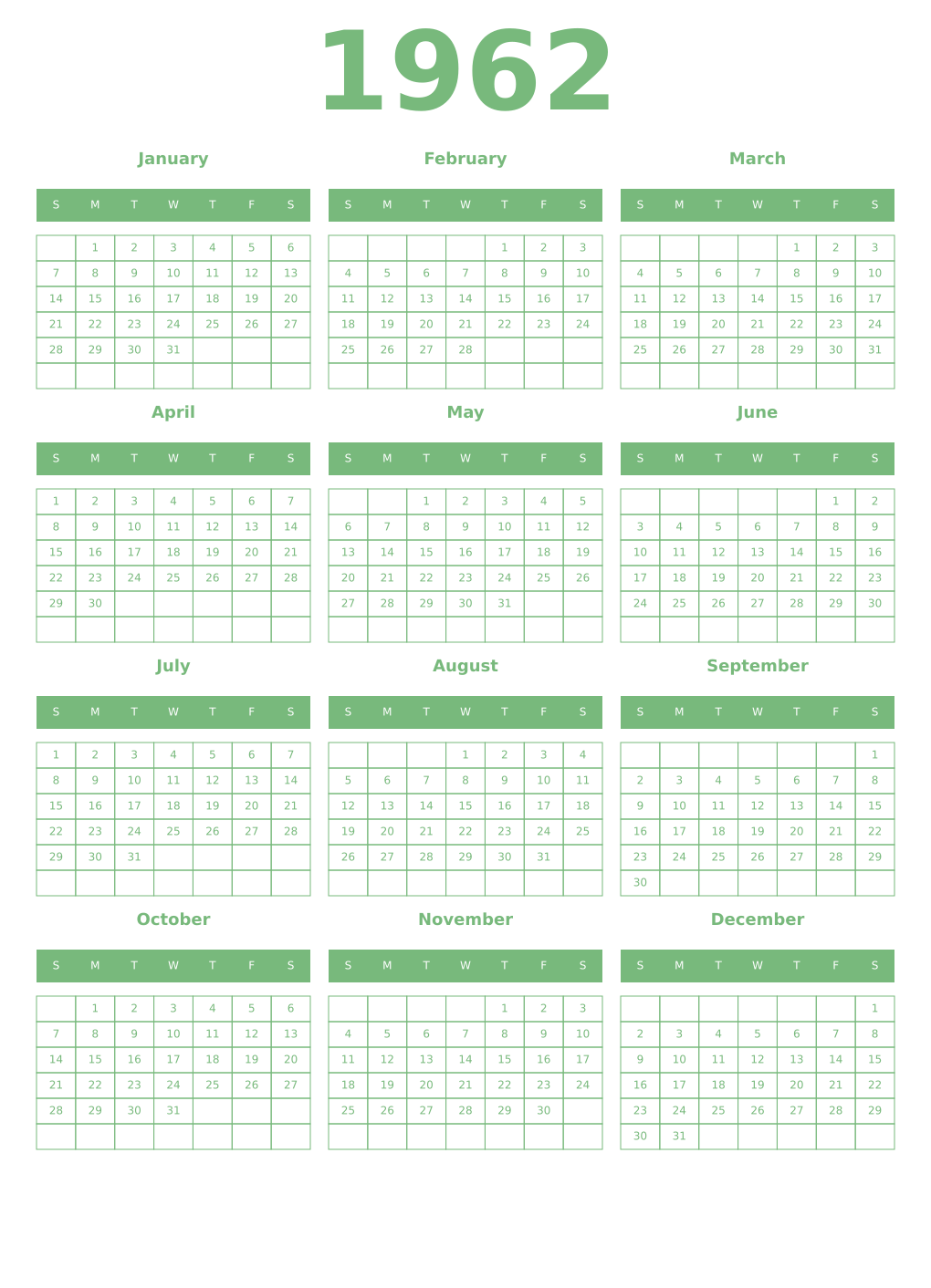 Printable 1962 Year Calendars celadon