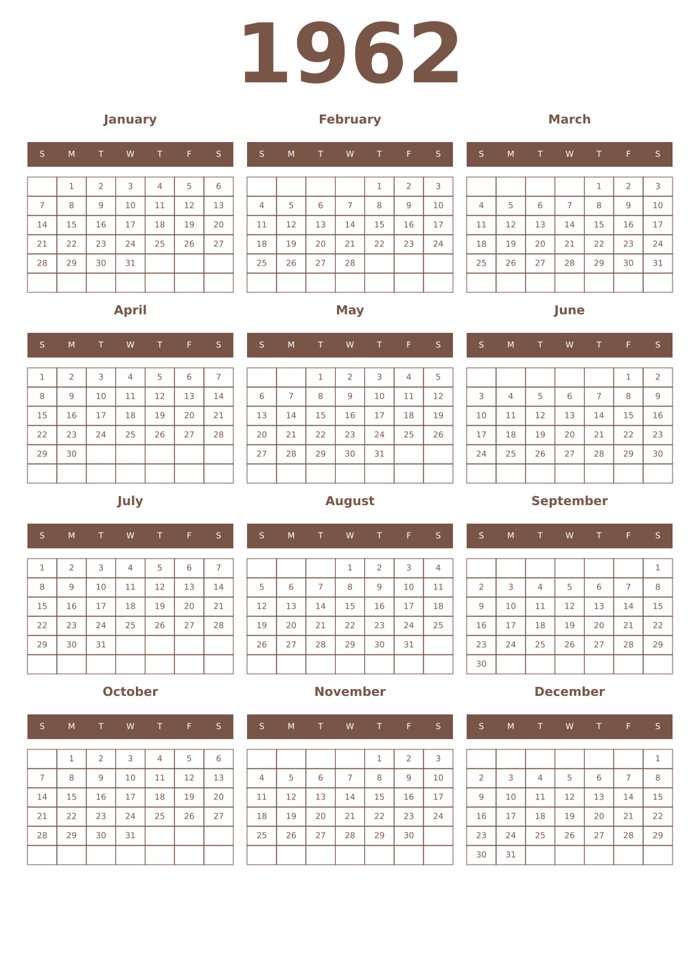 Printable 1962 Year Calendars coffe