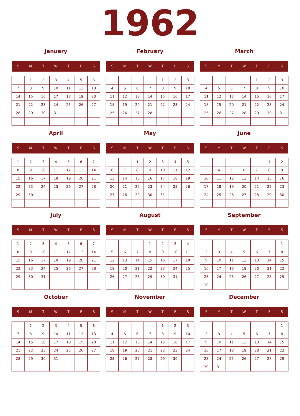 Printable 1962 Year Calendars falu