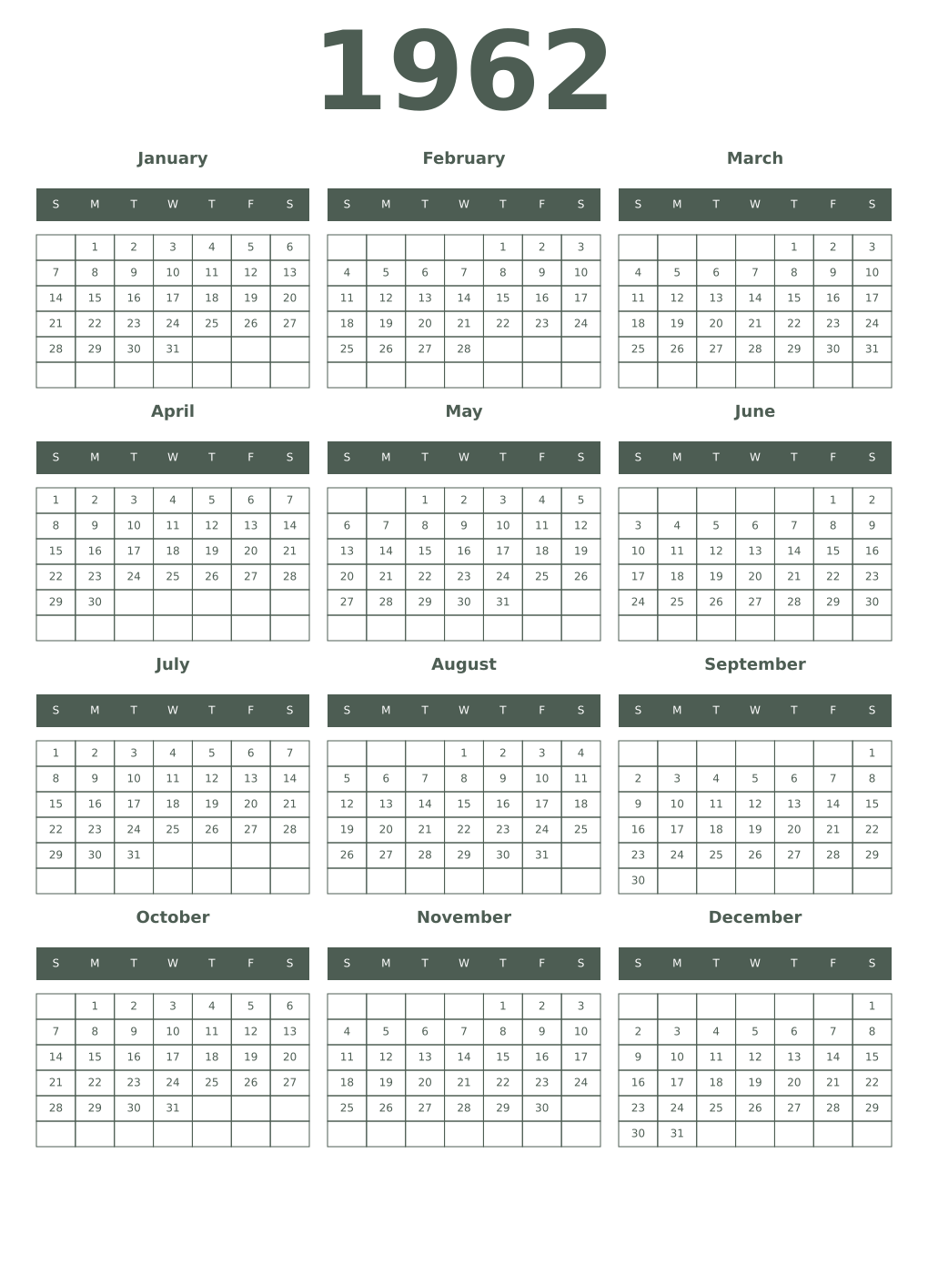 Printable 1962 Year Calendars feldgrau