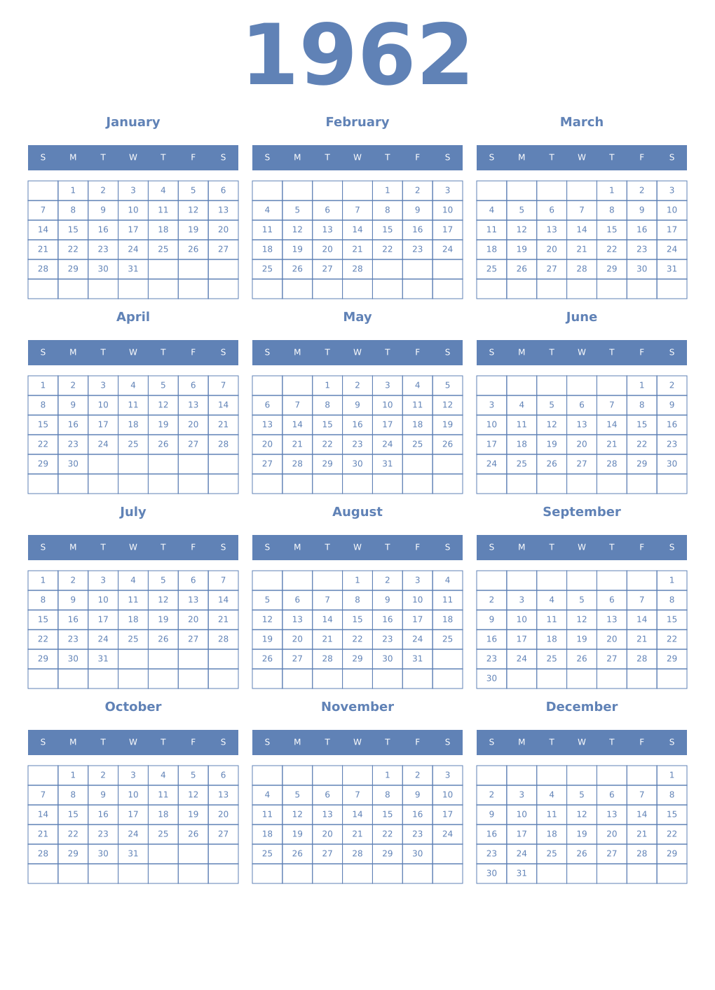 Printable 1962 Year Calendars glaucous