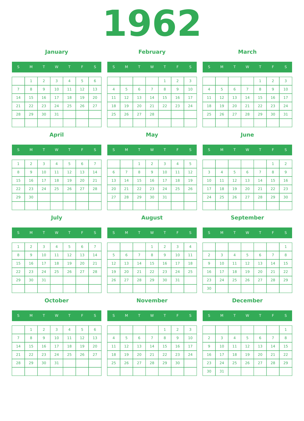 Printable 1962 Year Calendars green