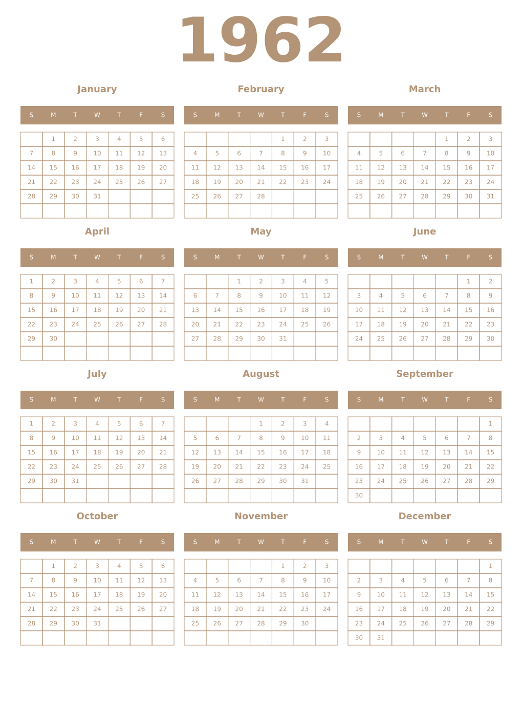Printable 1962 Year Calendars isabelline