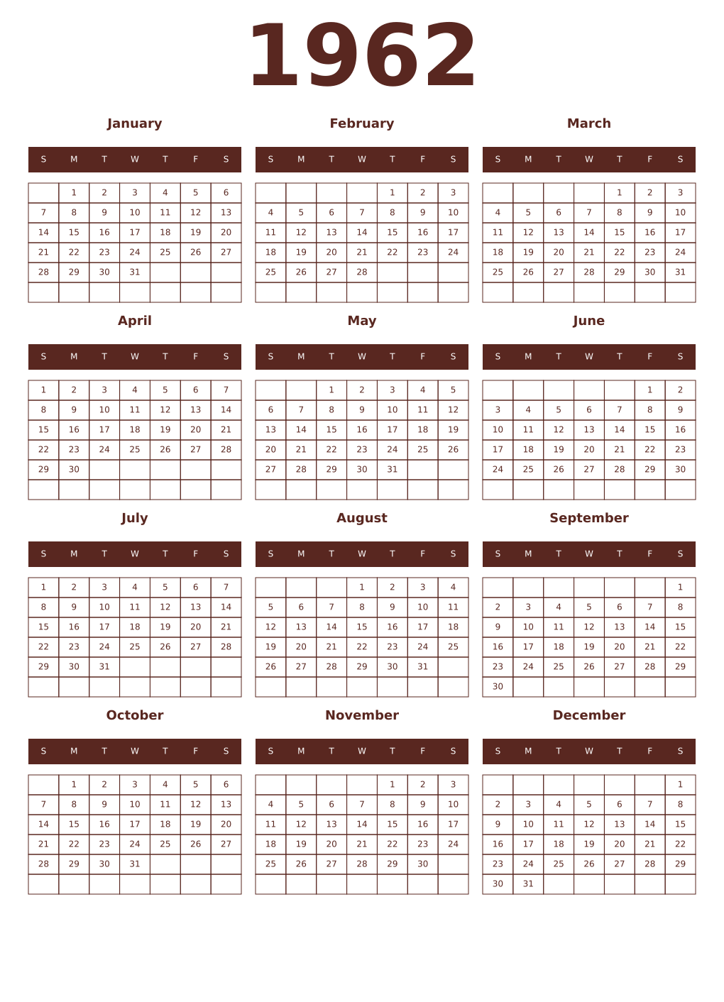 Printable 1962 Year Calendars mortuum