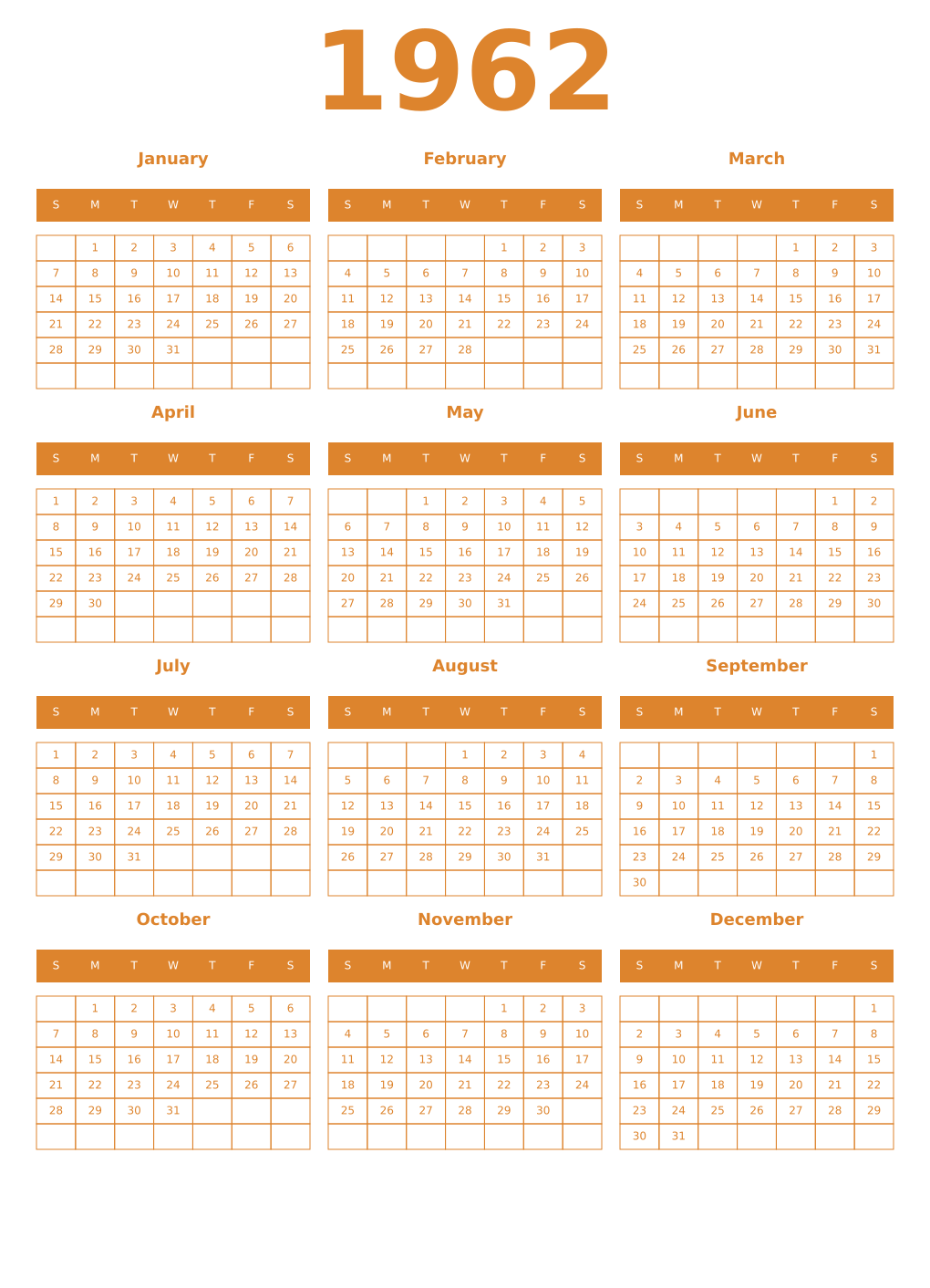 Printable 1962 Year Calendars orange