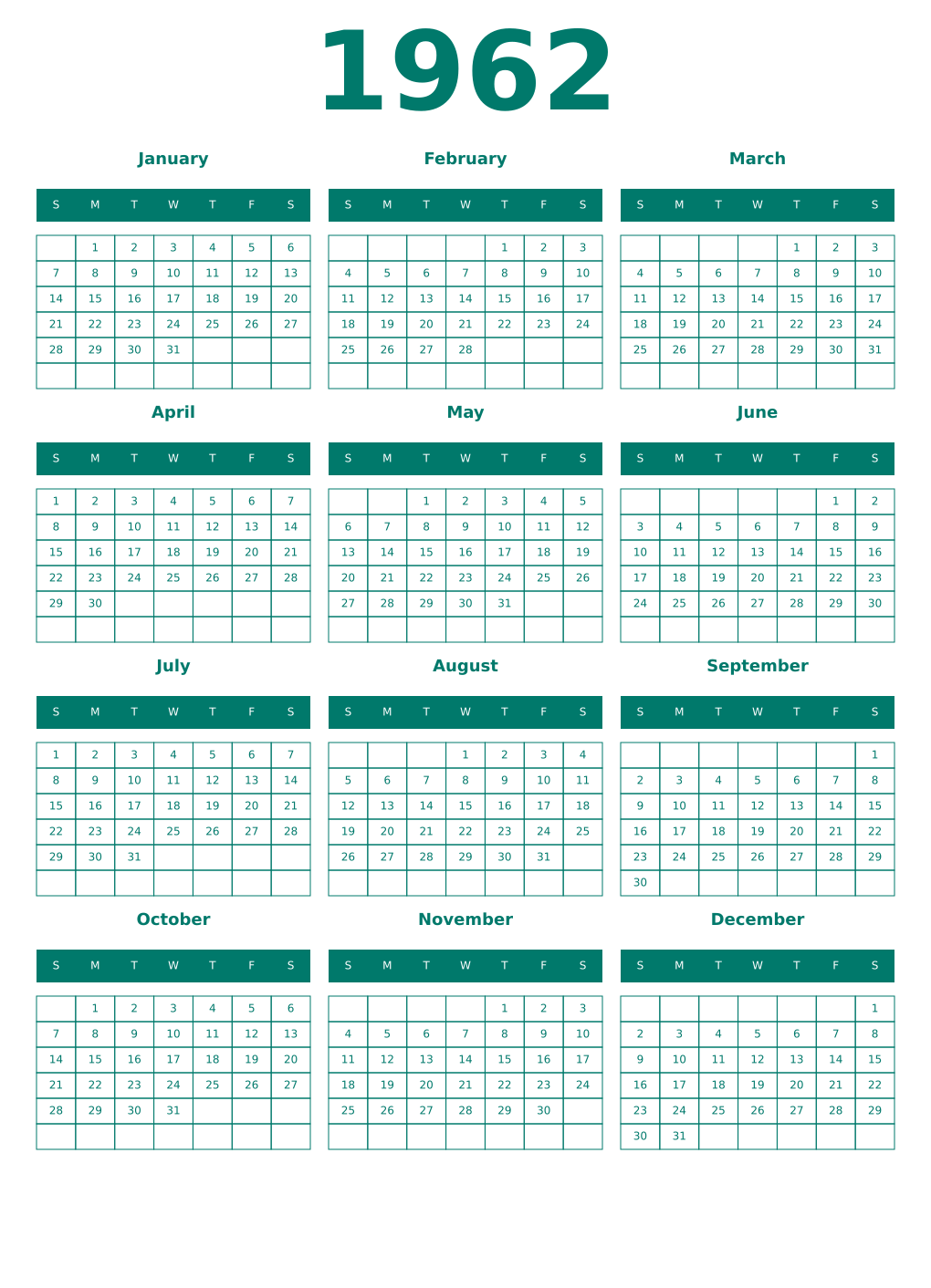 Printable 1962 Year Calendars pastel