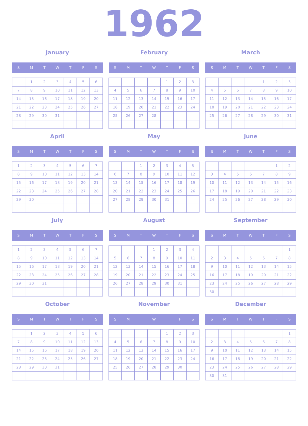 Printable 1962 Year Calendars periwinkle