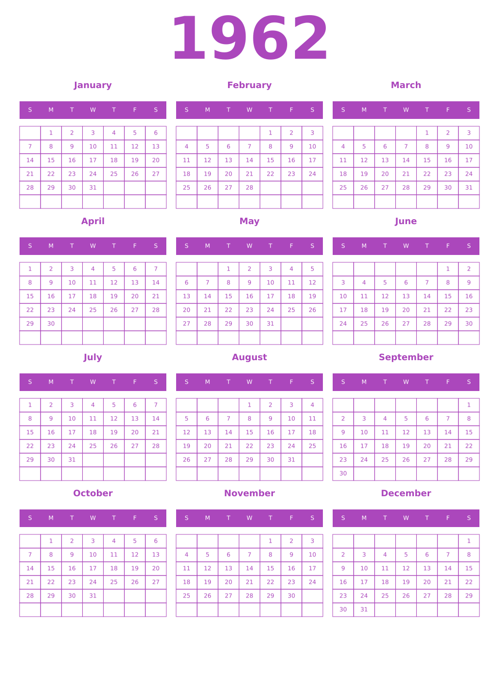 Printable 1962 Year Calendars purple