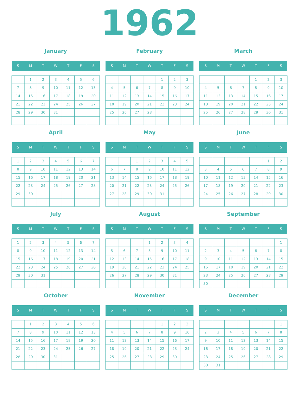 Printable 1962 Year Calendars verdigris
