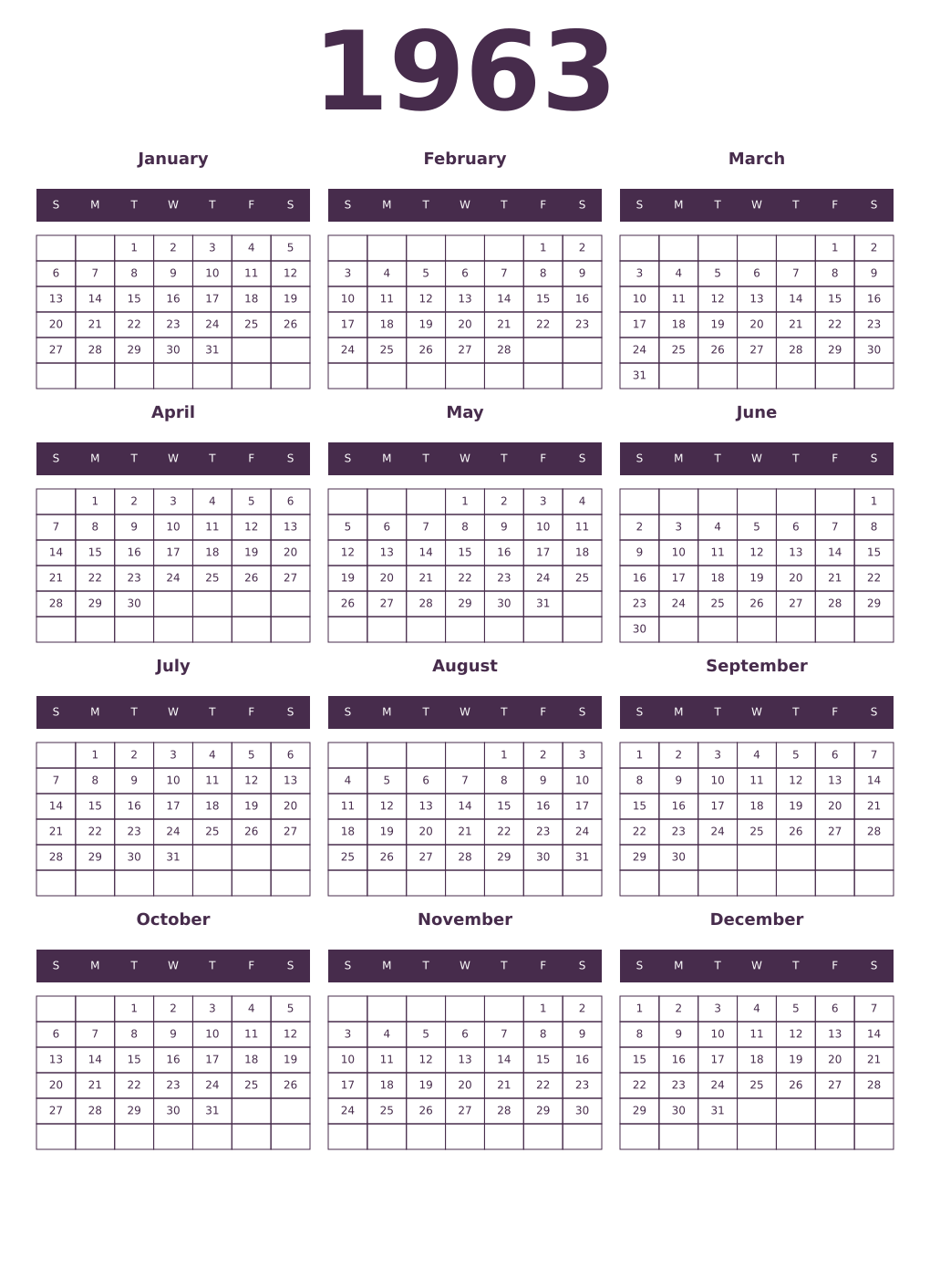 Printable 1963 Year Calendars aubergine