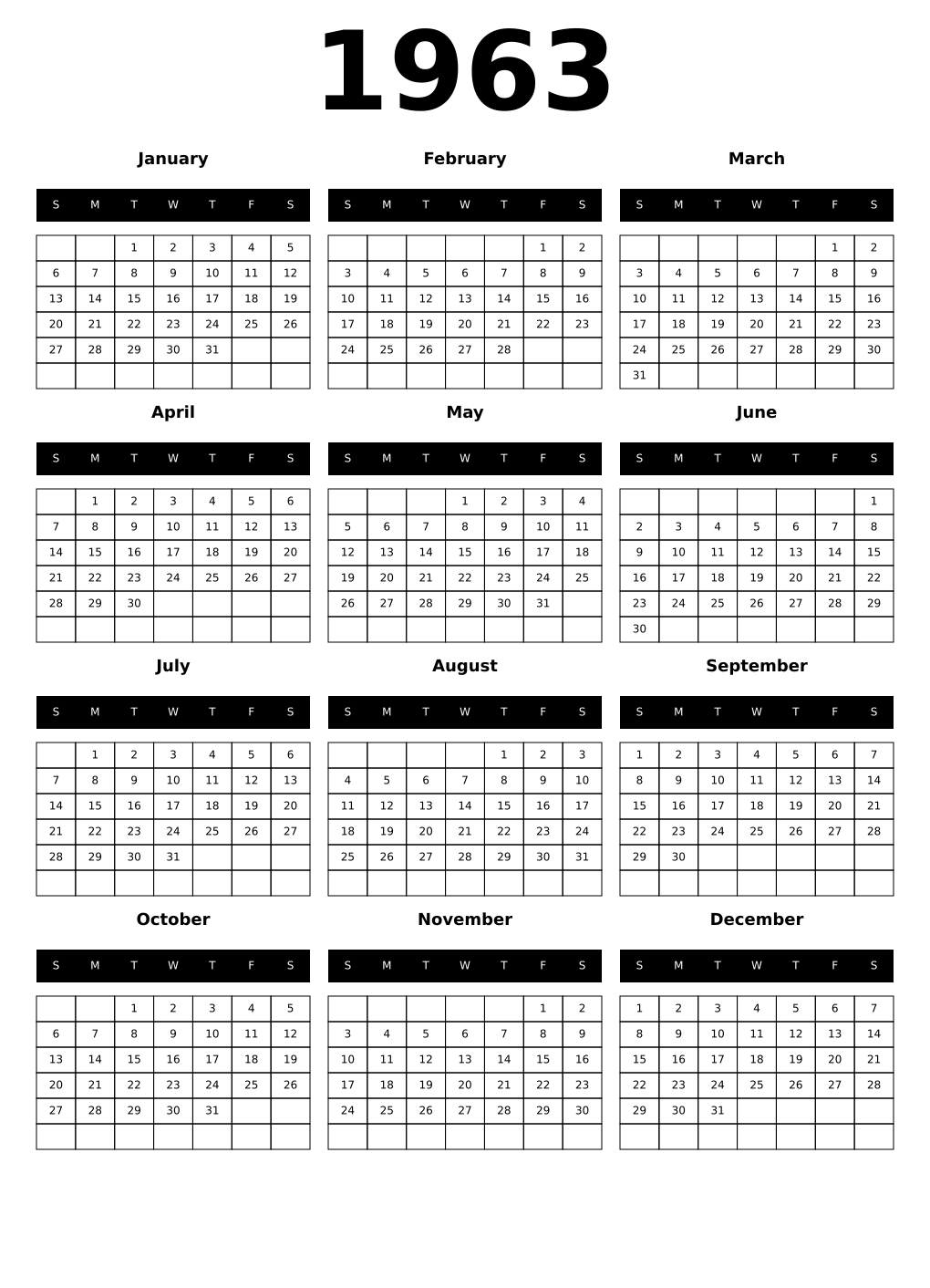 Printable 1963 Year Calendars black