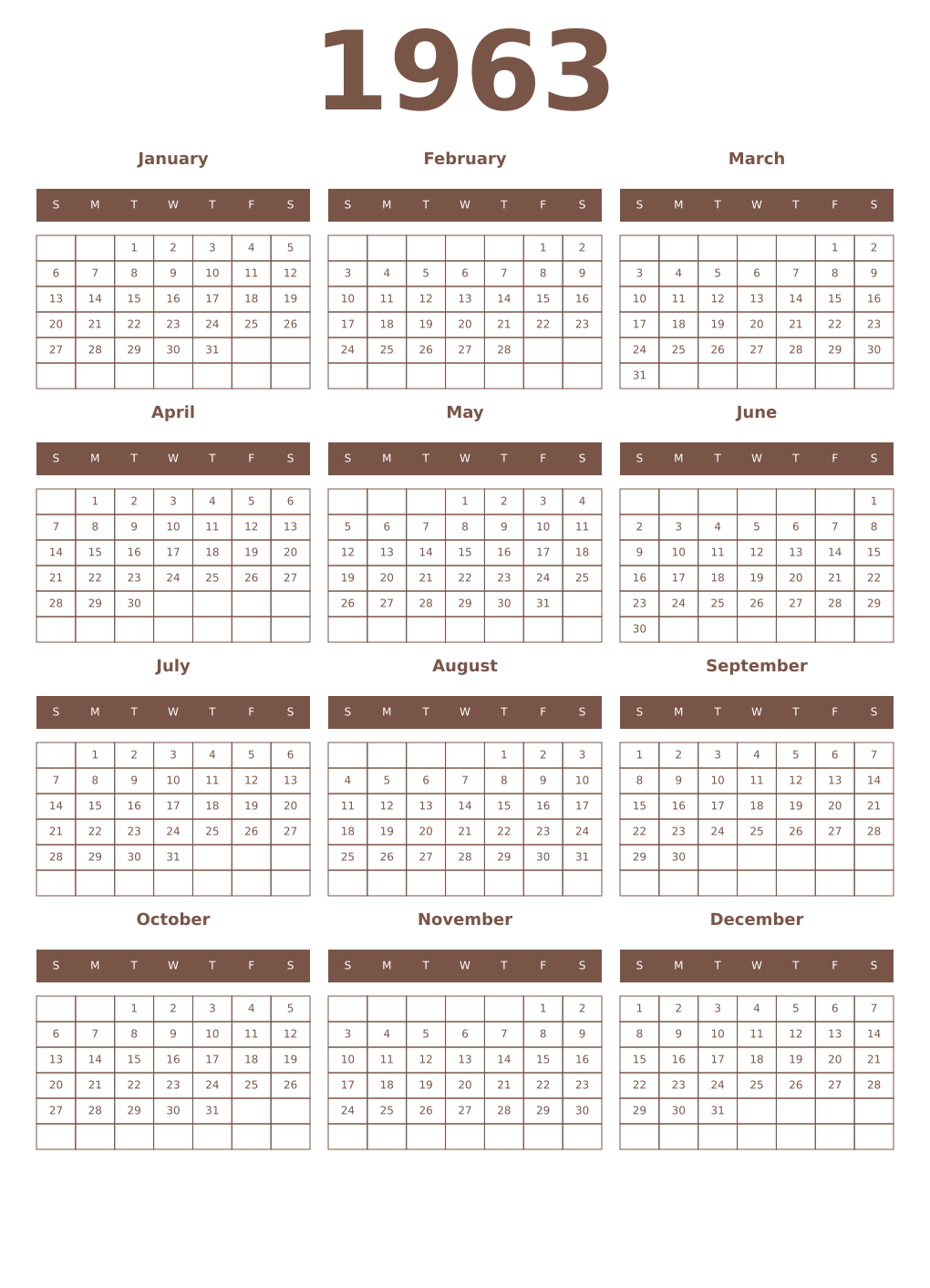 Printable 1963 Year Calendars coffe