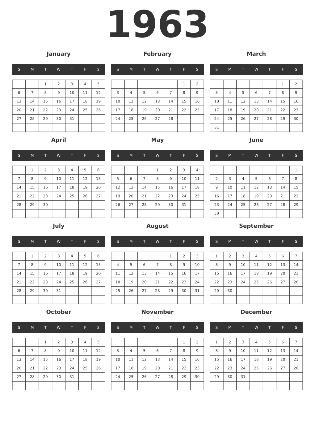 Printable 1963 Year Calendars dark