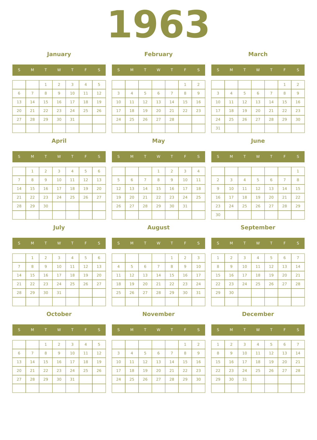 Printable 1963 Year Calendars eburnean