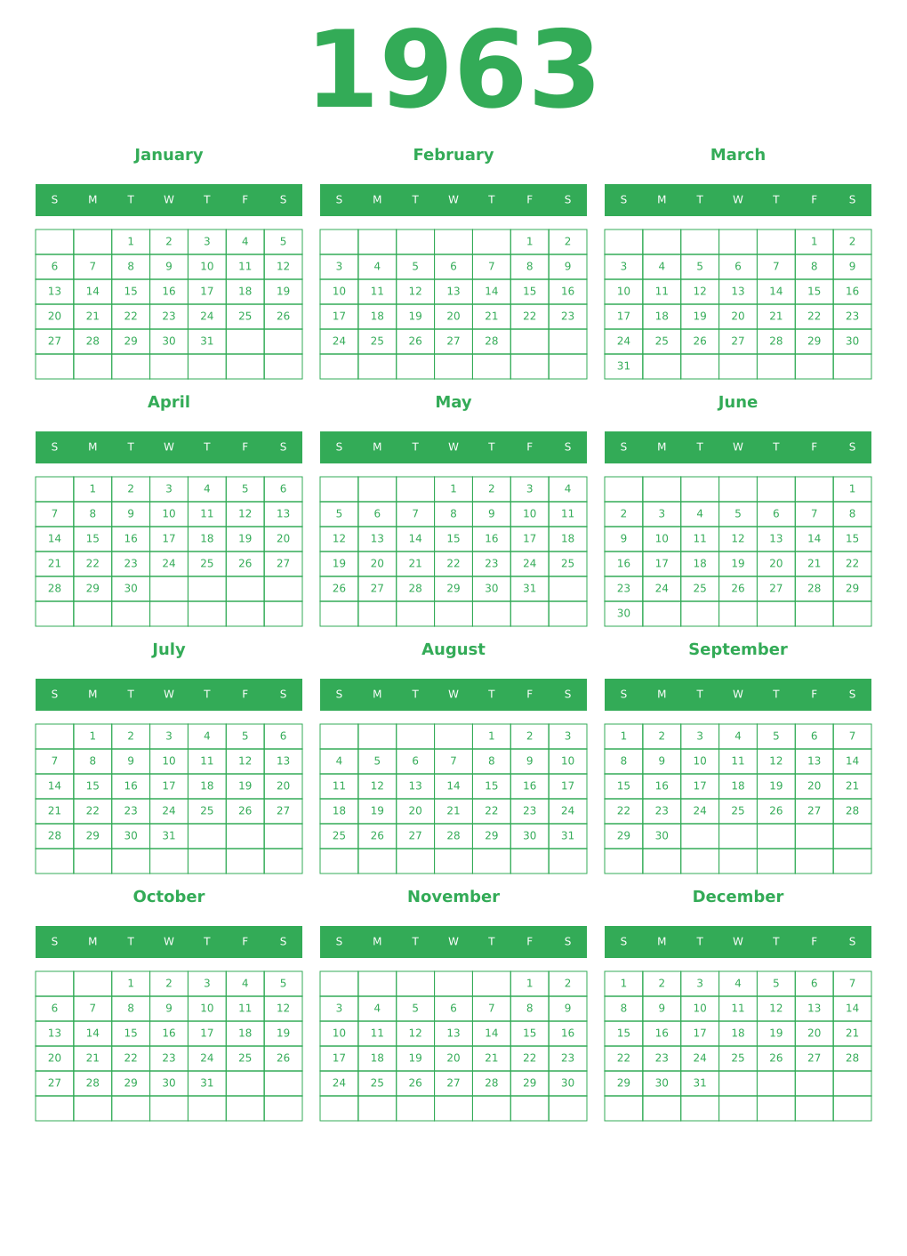 Printable 1963 Year Calendars green