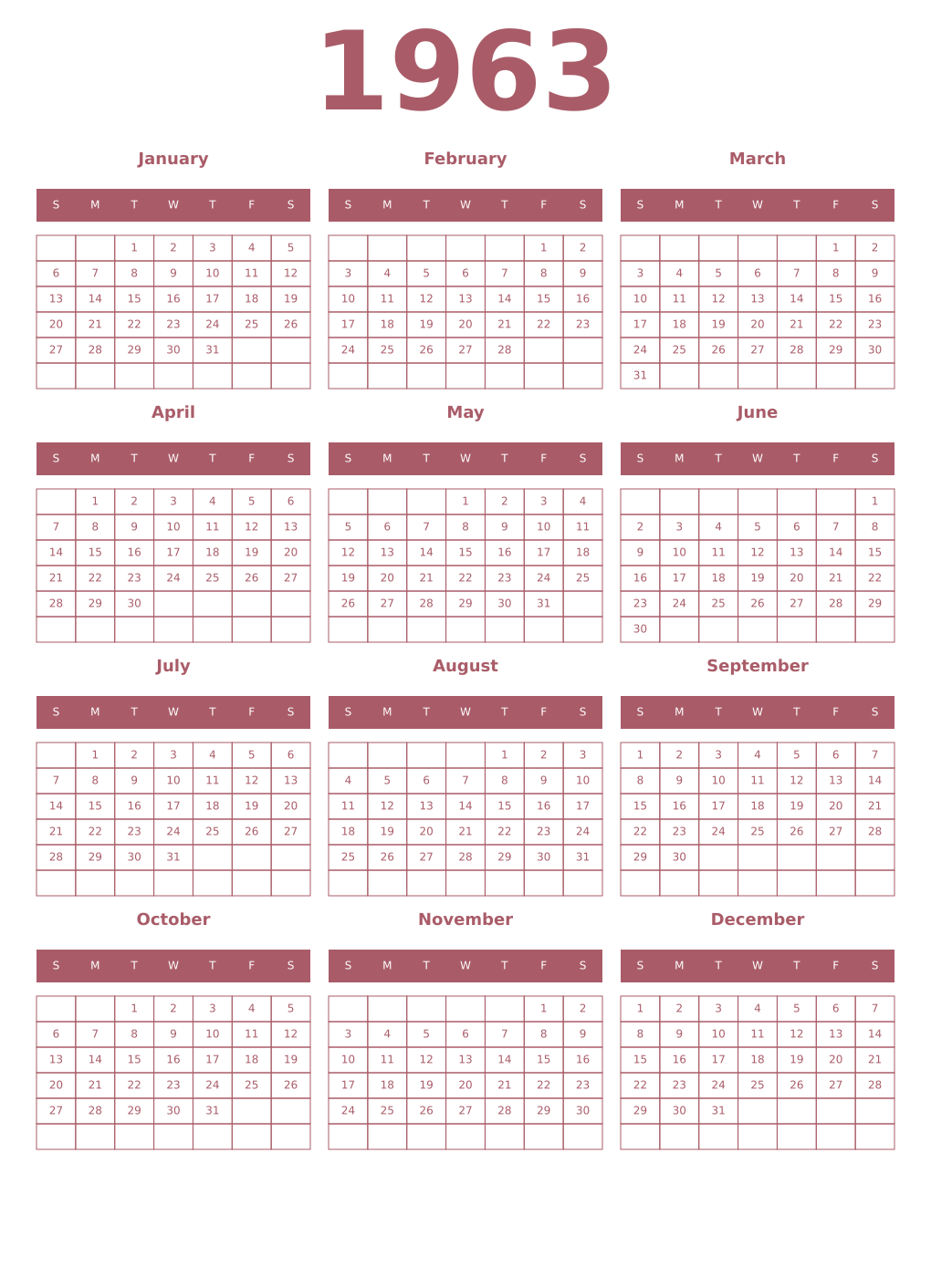 Printable 1963 Year Calendars puce
