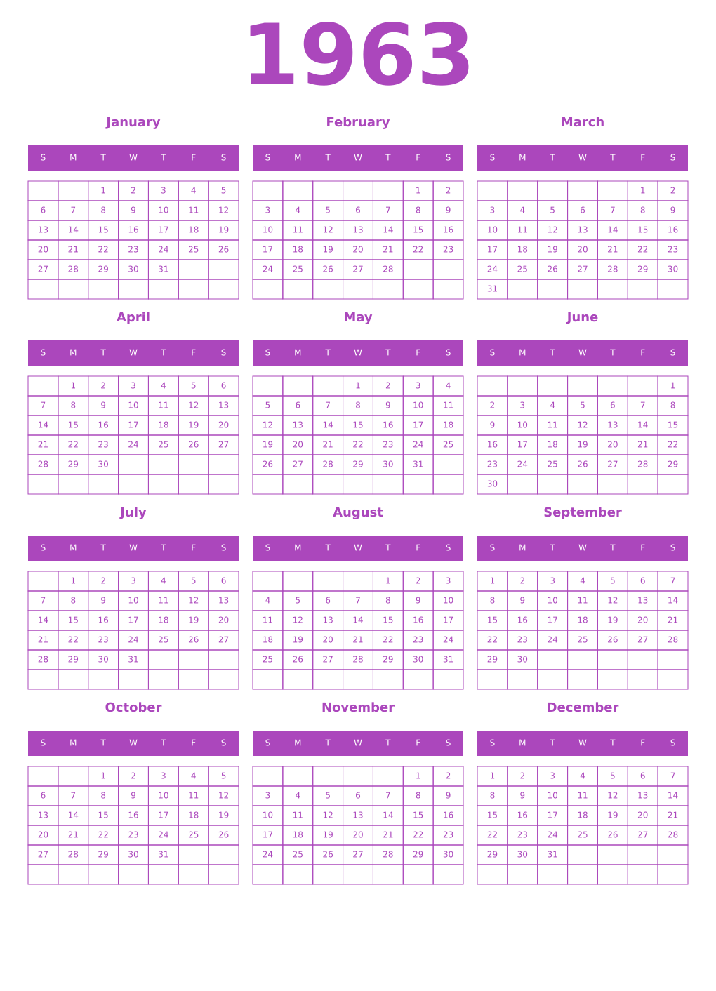 Printable 1963 Year Calendars purple