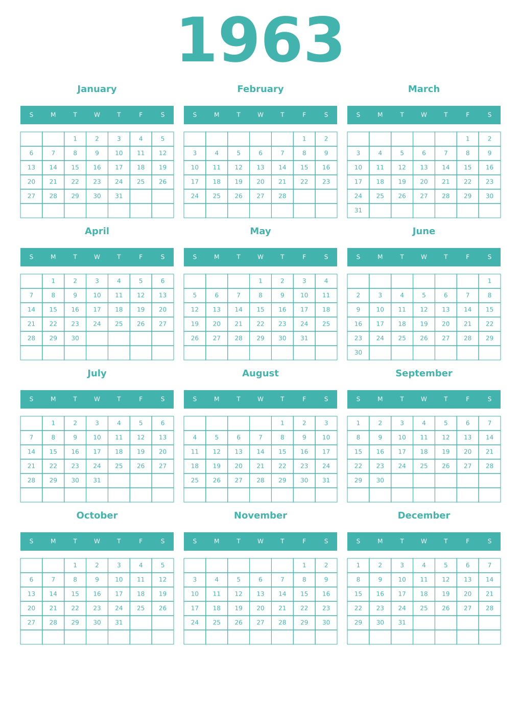 Printable 1963 Year Calendars verdigris