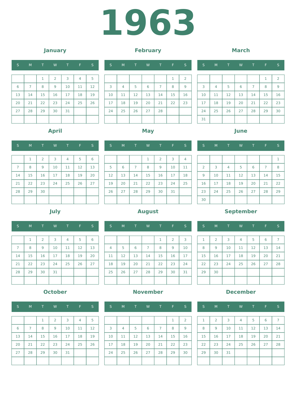 Printable 1963 Year Calendars viridian