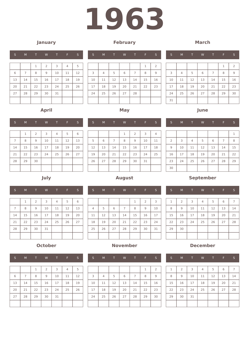 Printable 1963 Year Calendars wenge