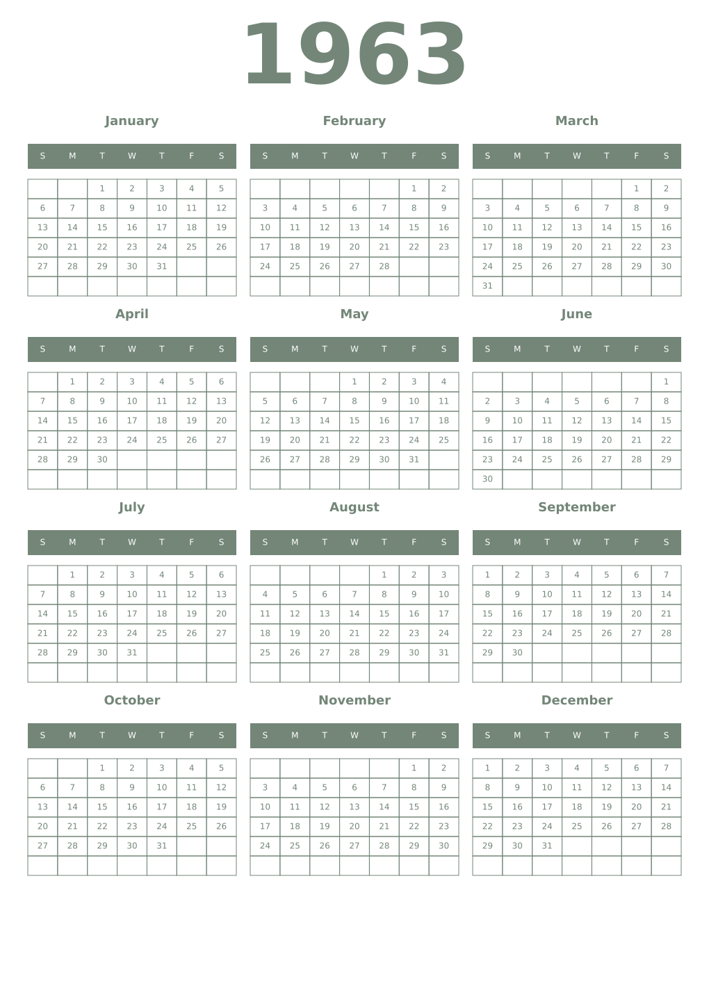 Printable 1963 Year Calendars xanadu