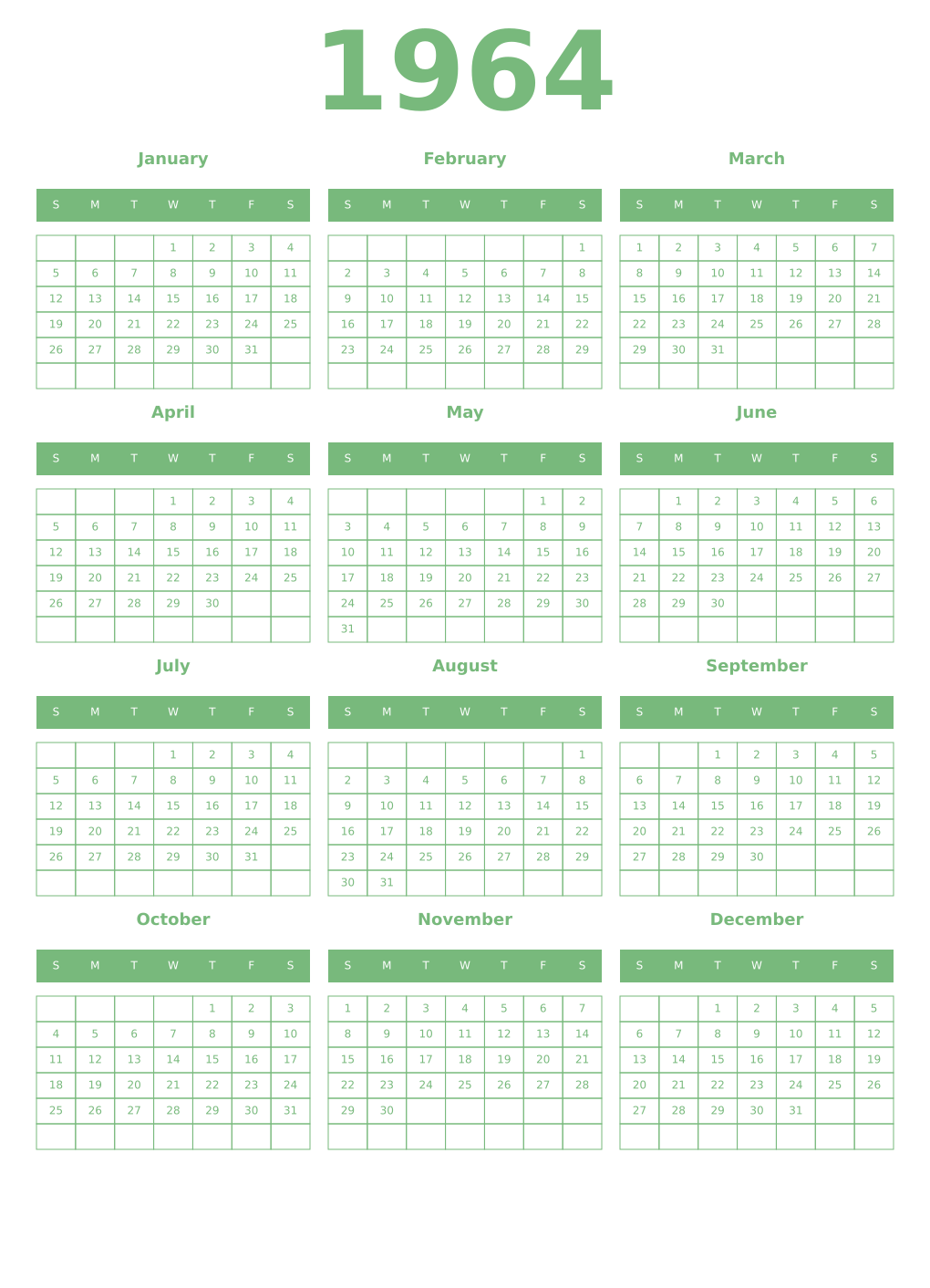Printable 1964 Year Calendars celadon