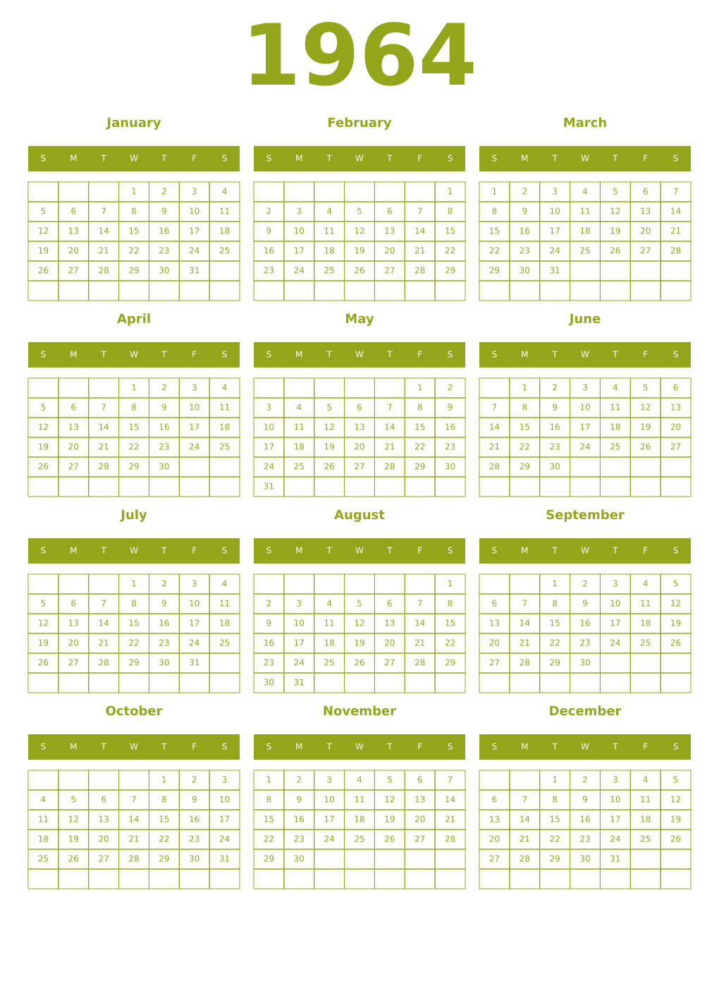 Printable 1964 Year Calendars chartreuse
