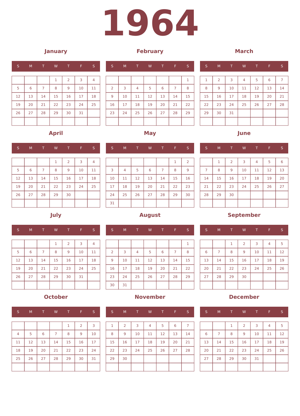 Printable 1964 Year Calendars cordovan