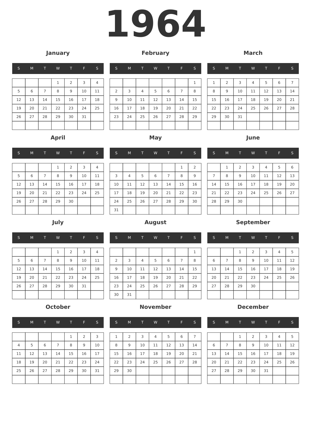 Printable 1964 Year Calendars dark