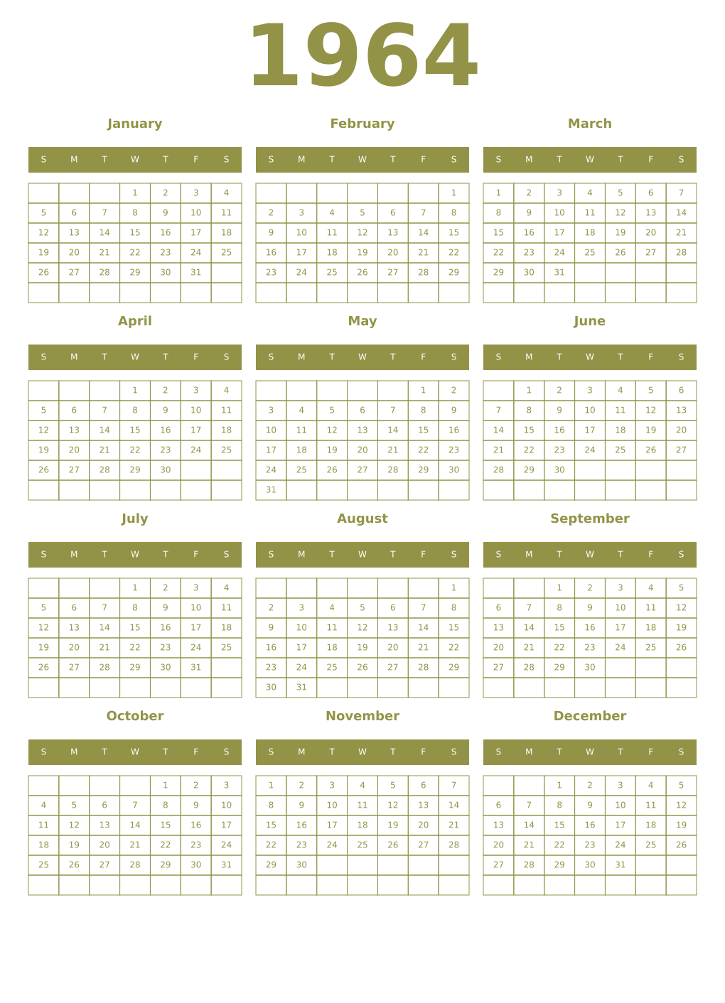 Printable 1964 Year Calendars eburnean
