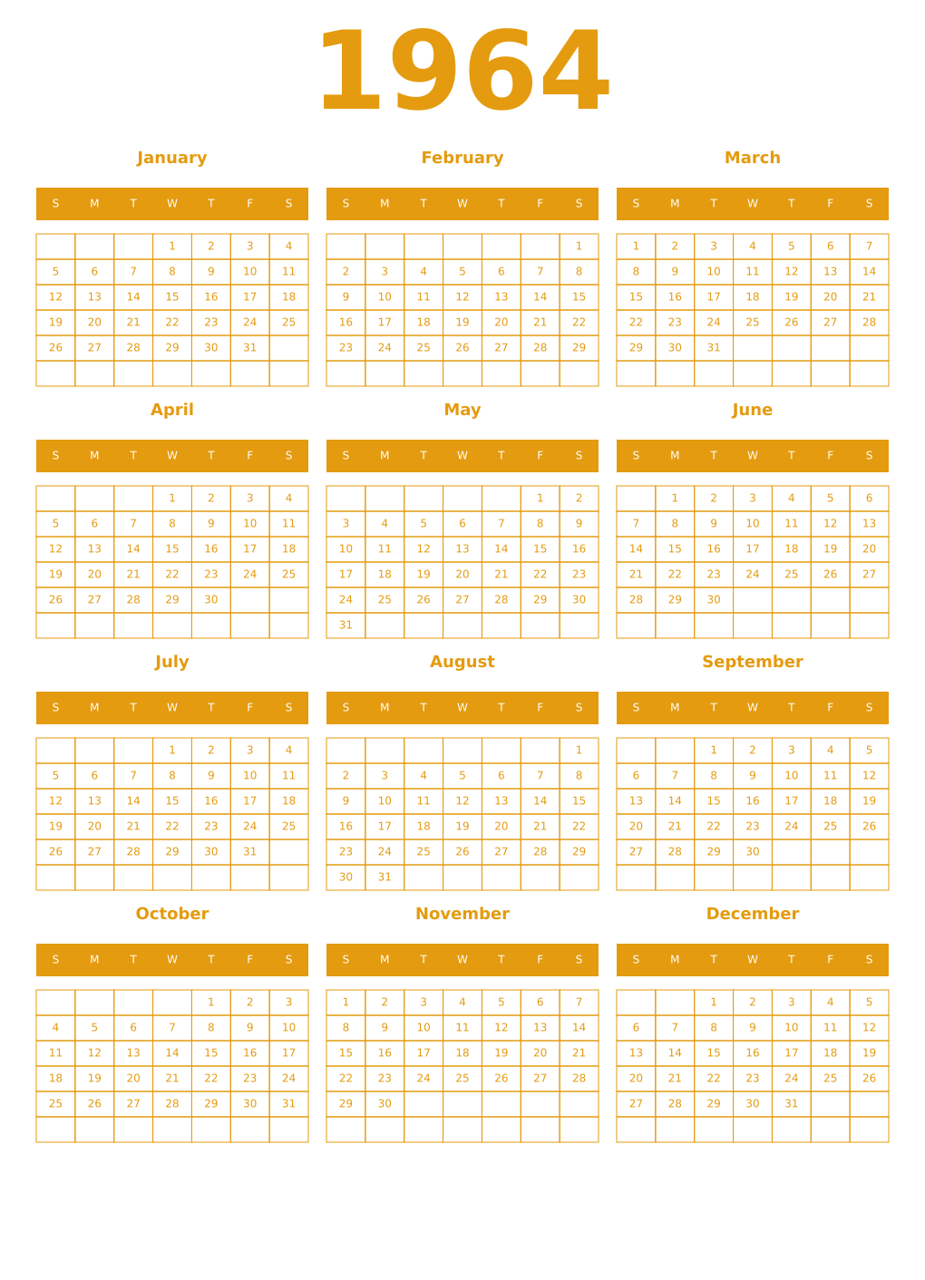Printable 1964 Year Calendars gamboge