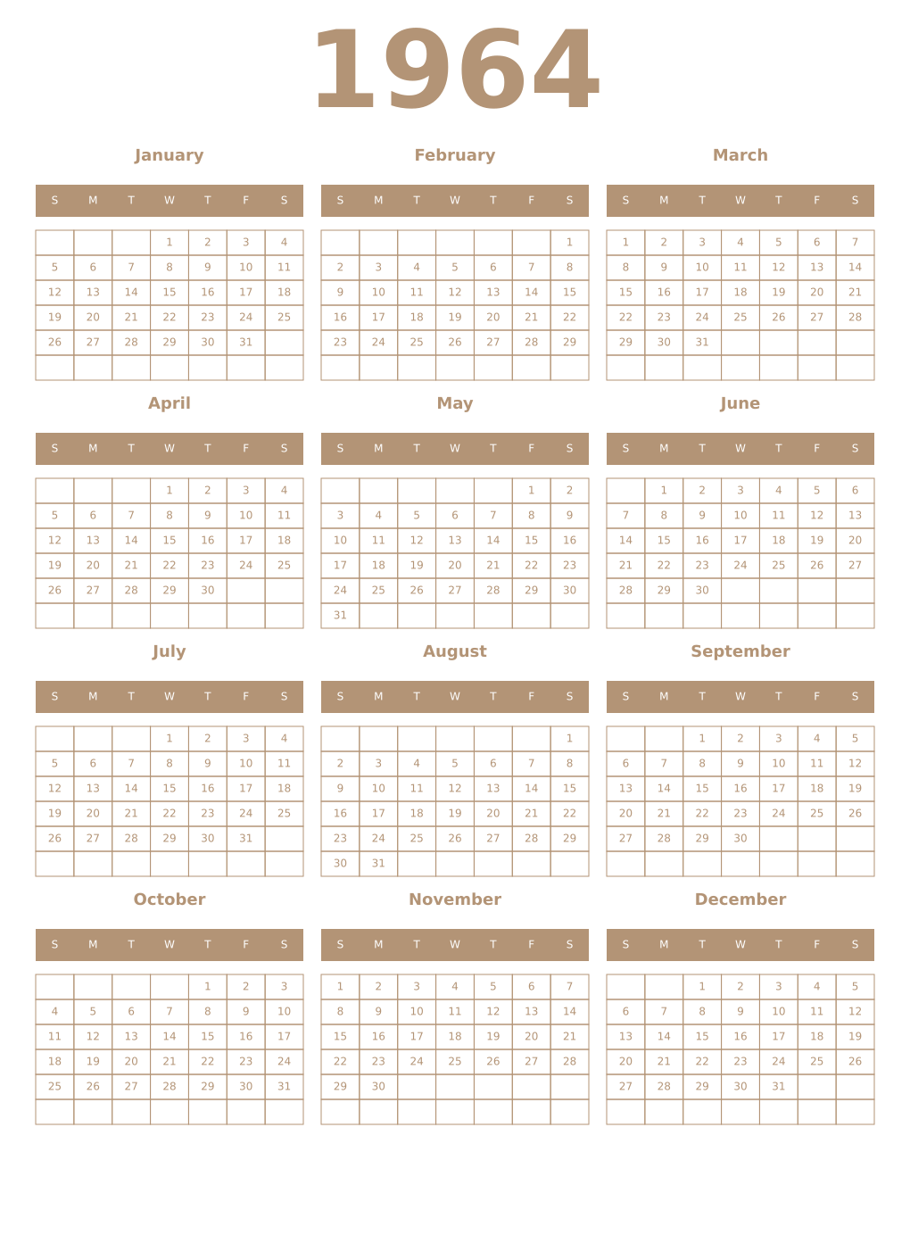 Printable 1964 Year Calendars isabelline
