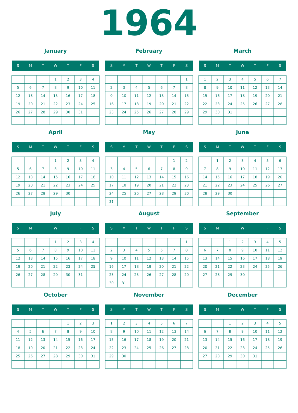Printable 1964 Year Calendars pastel