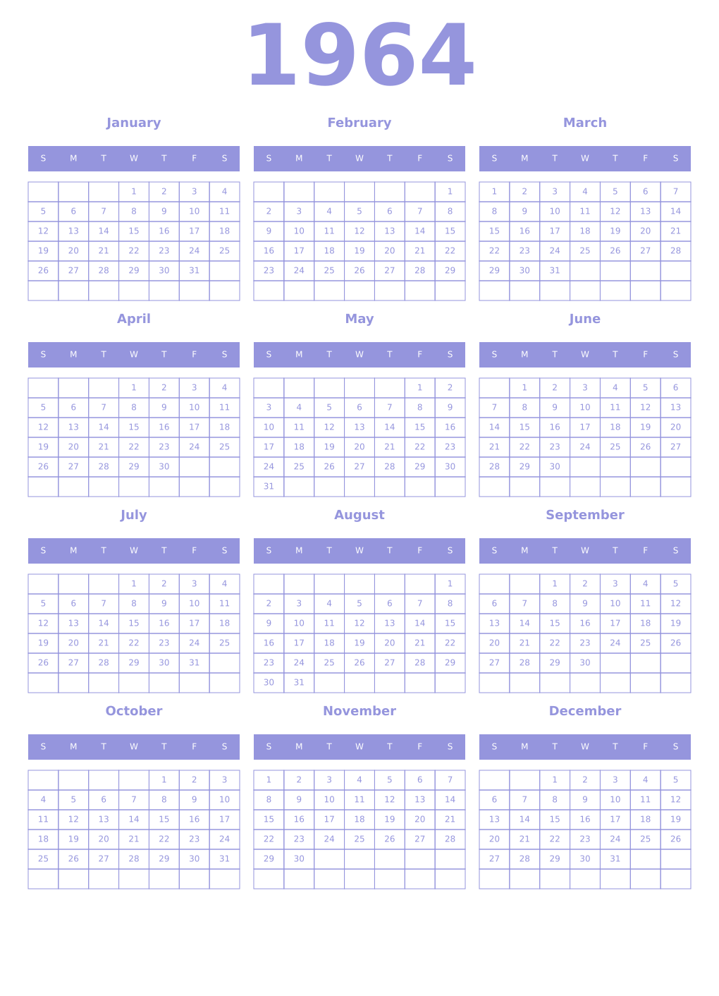 Printable 1964 Year Calendars periwinkle